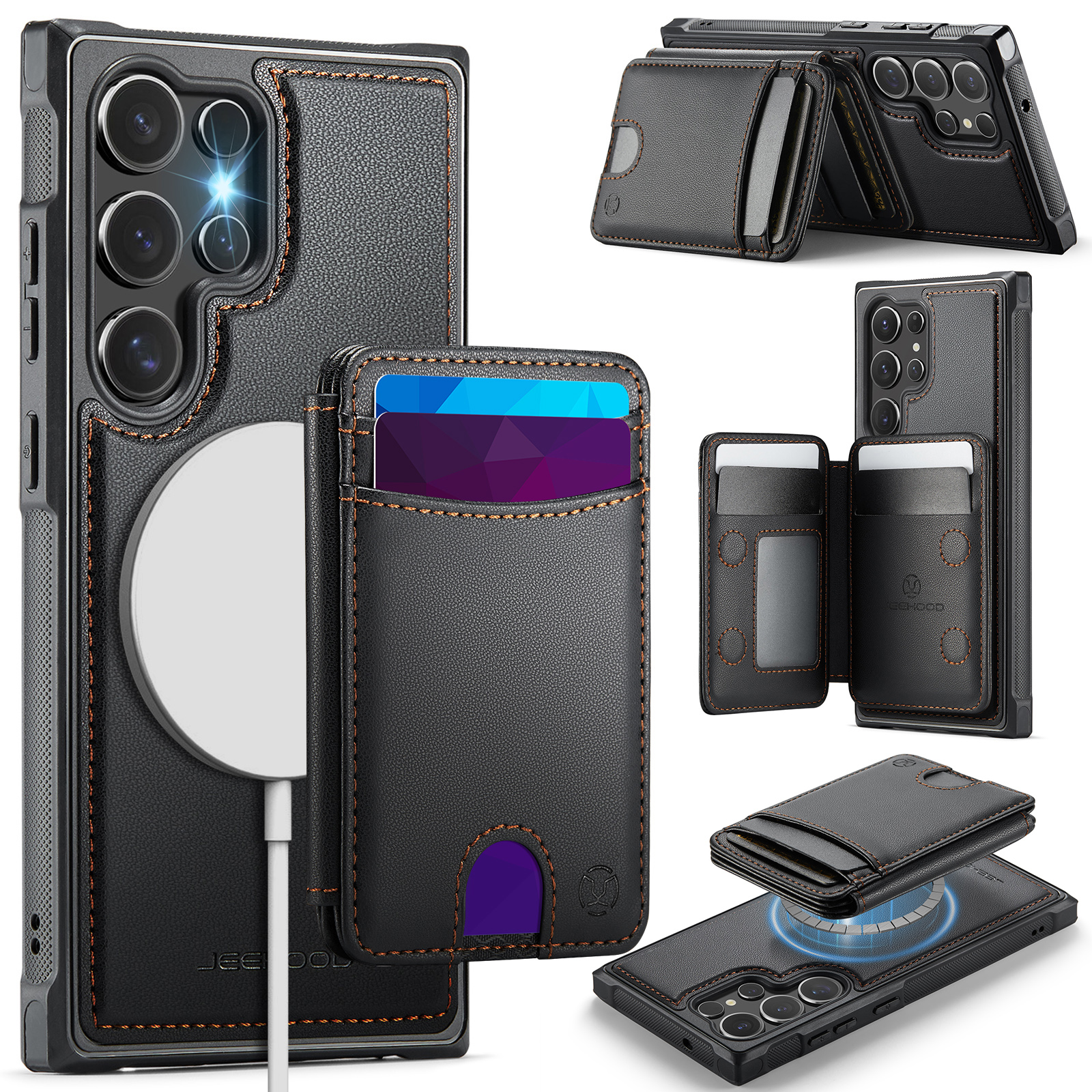 JEEHOOD For Samsung Galaxy S23 Ultra Magnetic Case  J10 Leather Back Phone Cover with Detachable Card Holder Kickstand - Black