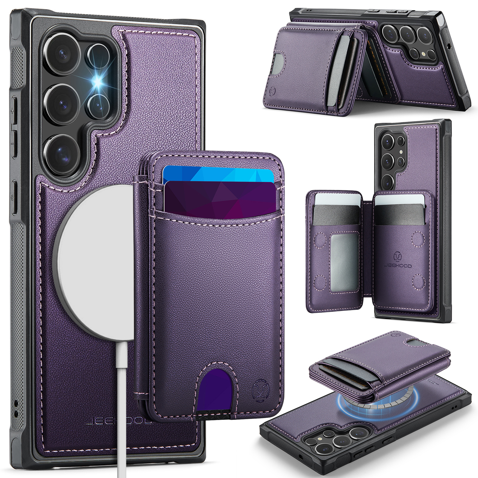 JEEHOOD For Samsung Galaxy S23 Ultra Magnetic Case  J10 Leather Back Phone Cover with Detachable Card Holder Kickstand - Purple