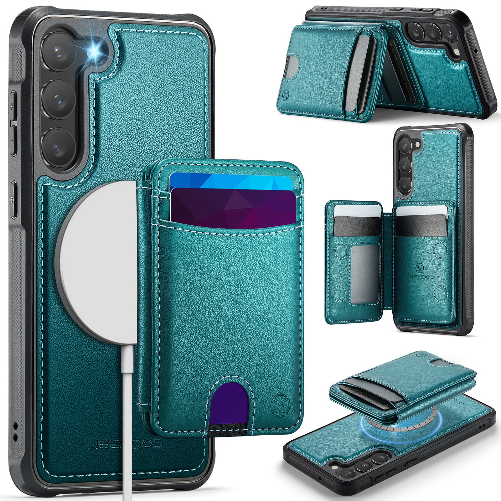 JEEHOOD For Samsung Galaxy S23+ Magnetic Case J10 Leather Back Phone Cover with Detachable Card Holder Kickstand - Blue