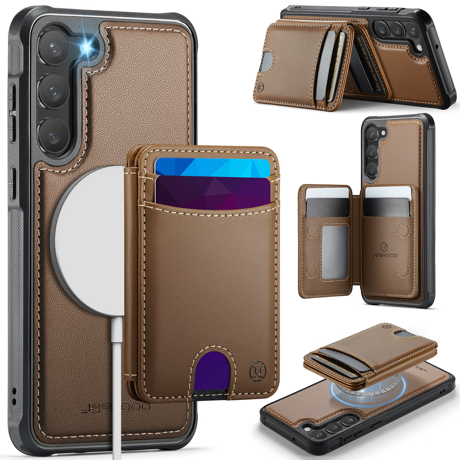 JEEHOOD For Samsung Galaxy S23+ Magnetic Case J10 Leather Back Phone Cover with Detachable Card Holder Kickstand - Brown