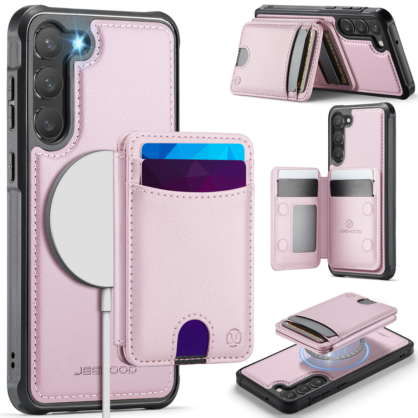 JEEHOOD For Samsung Galaxy S23+ Magnetic Case  J10 Leather Back Phone Cover with Detachable Card Holder Kickstand - Pink