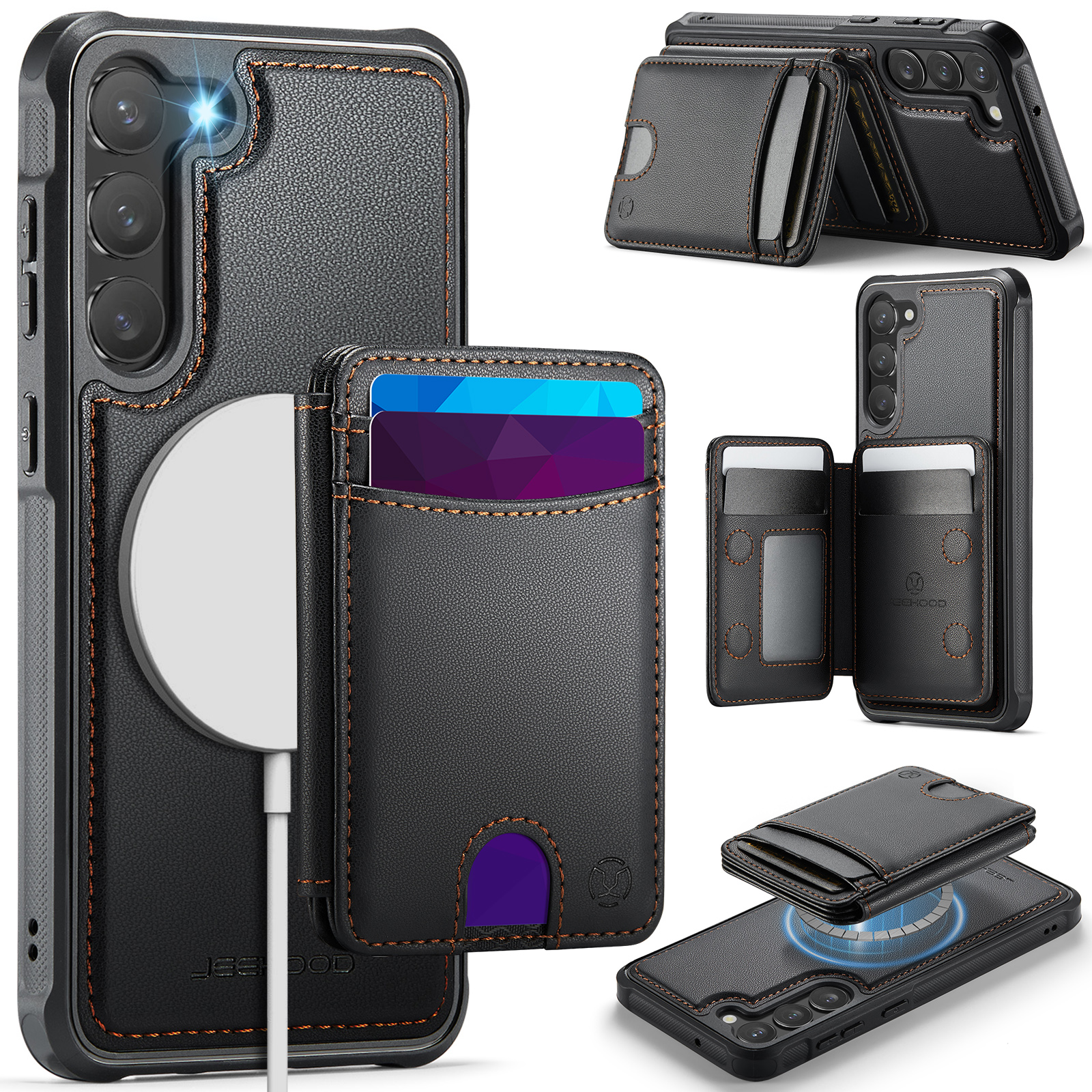 JEEHOOD For Samsung Galaxy S23+ Magnetic Case J10 Leather Back Phone Cover with Detachable Card Holder Kickstand - Black
