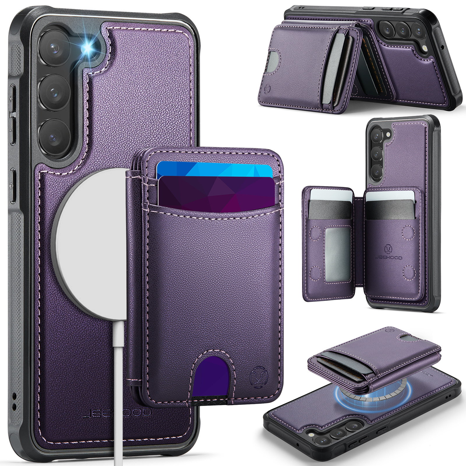 JEEHOOD For Samsung Galaxy S23+ Magnetic Case J10 Leather Back Phone Cover with Detachable Card Holder Kickstand - Purple