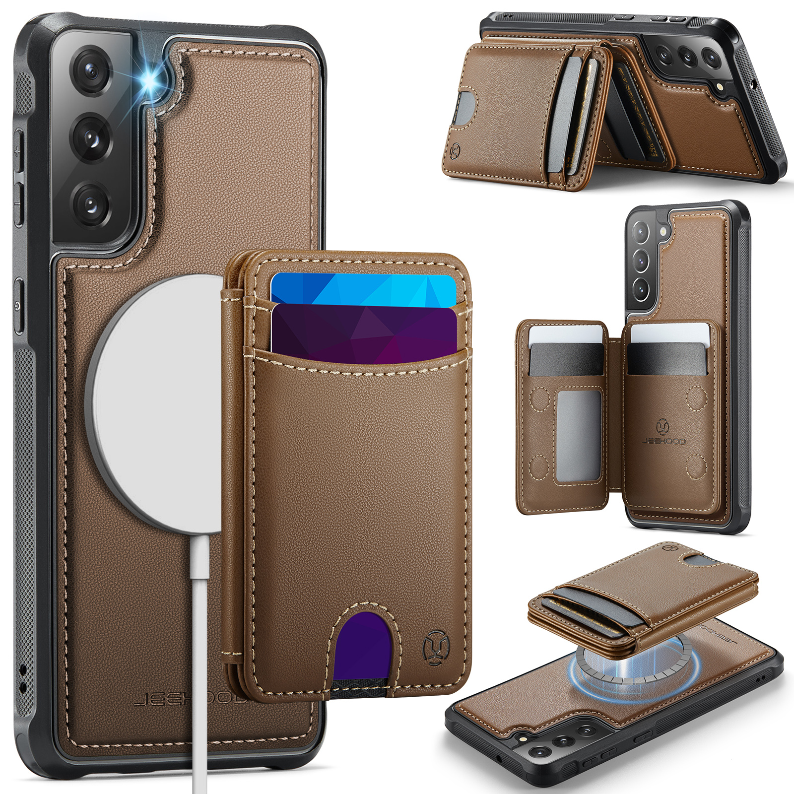 JEEHOOD For Samsung Galaxy S22+ 5G Magnetic Case J10 Leather Back Phone Cover with Detachable Card Holder Kickstand - Brown