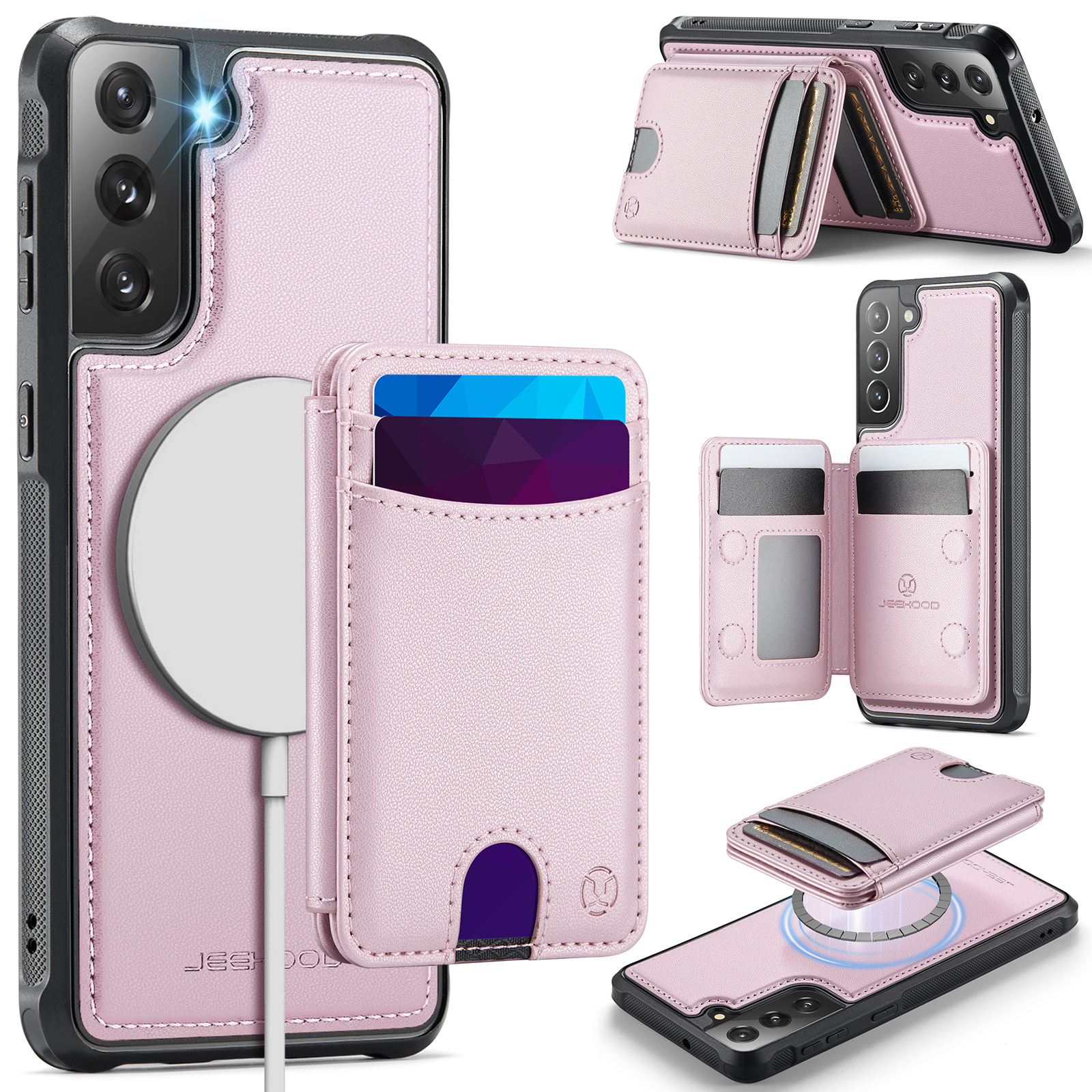 JEEHOOD For Samsung Galaxy S22+ 5G Magnetic Case J10 Leather Back Phone Cover with Detachable Card Holder Kickstand - Pink
