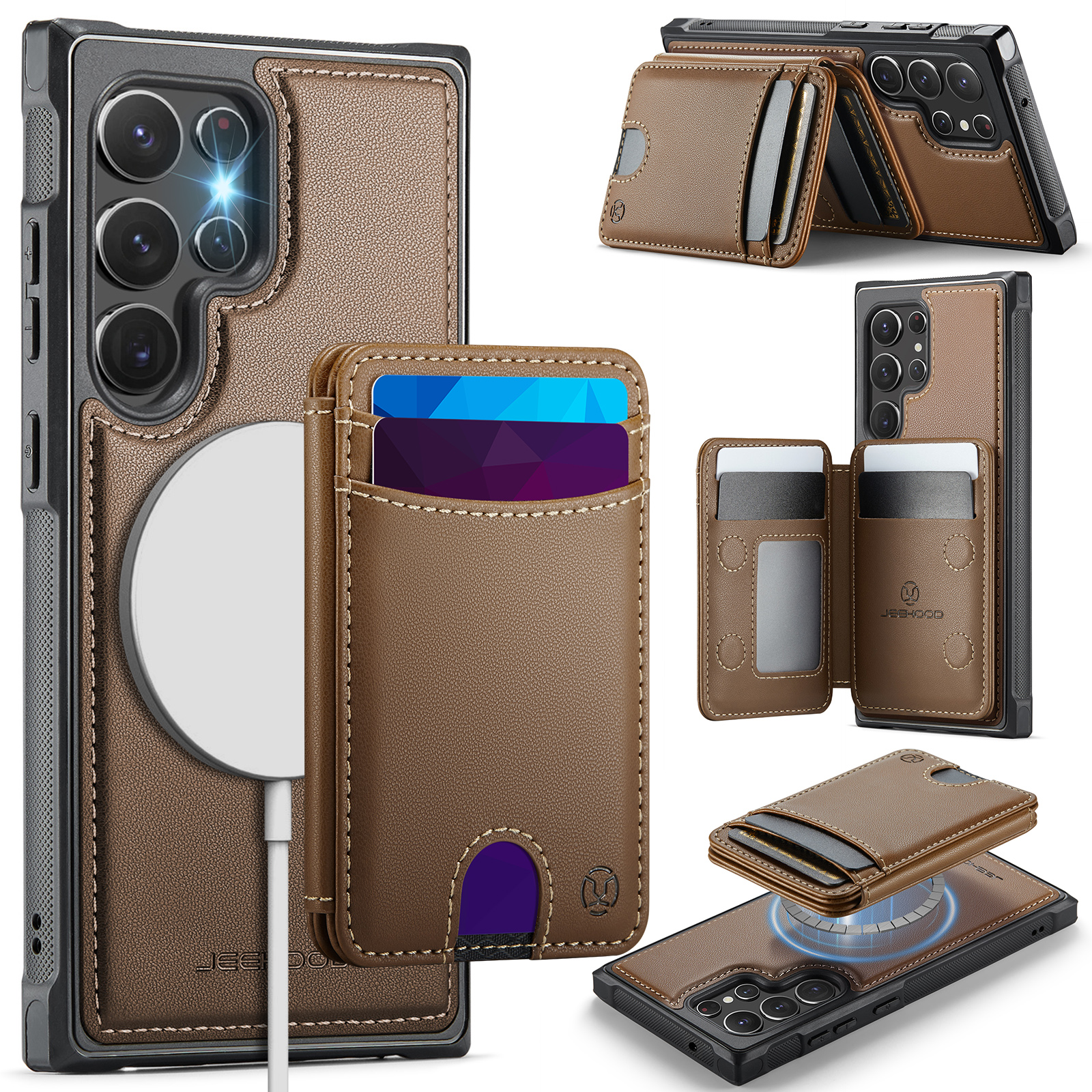 JEEHOOD For Samsung Galaxy S22 Ultra 5G Magnetic Case J10 Leather Back Phone Cover with Detachable Card Holder Kickstand - Brown