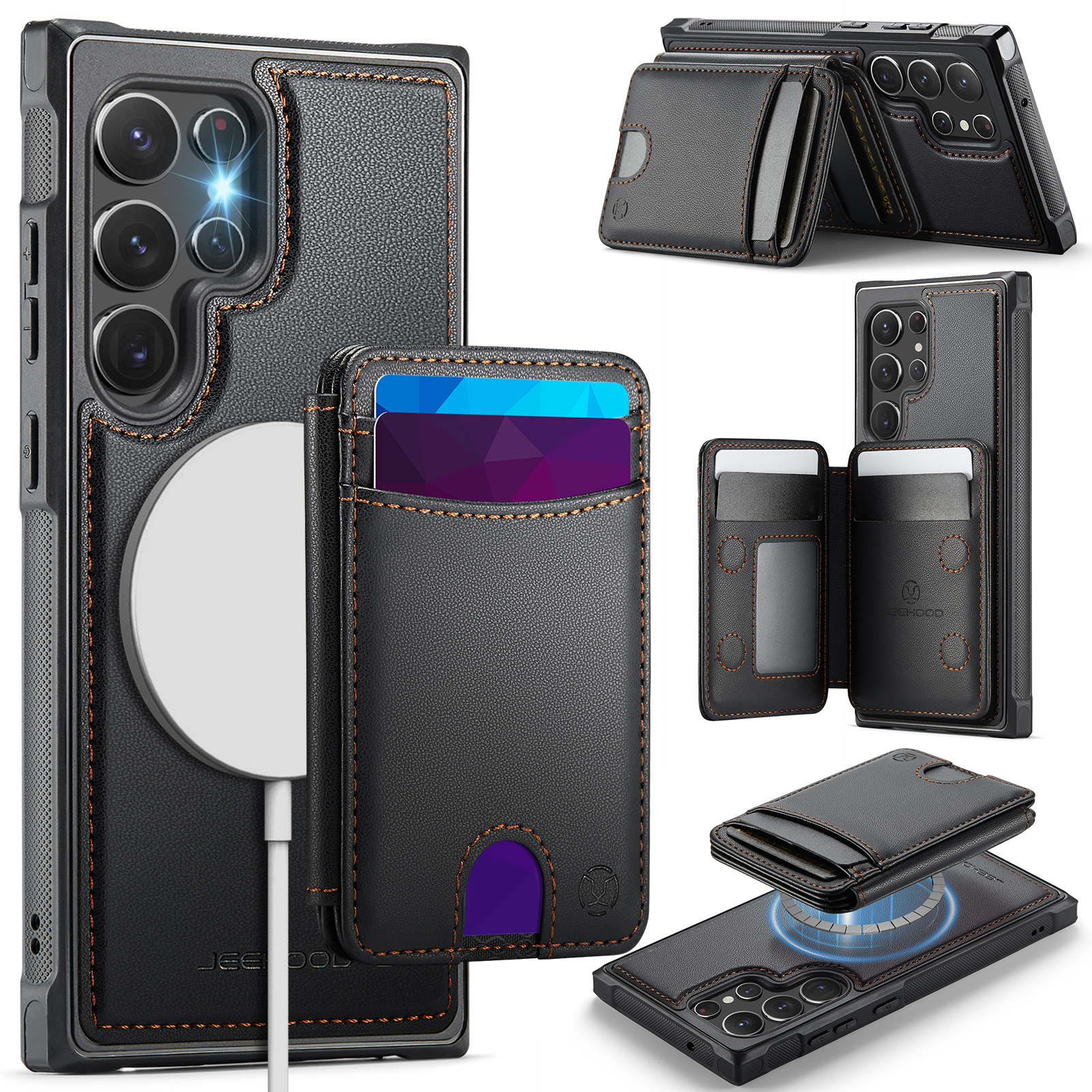 JEEHOOD For Samsung Galaxy S22 Ultra 5G Magnetic Case  J10 Leather Back Phone Cover with Detachable Card Holder Kickstand - Black
