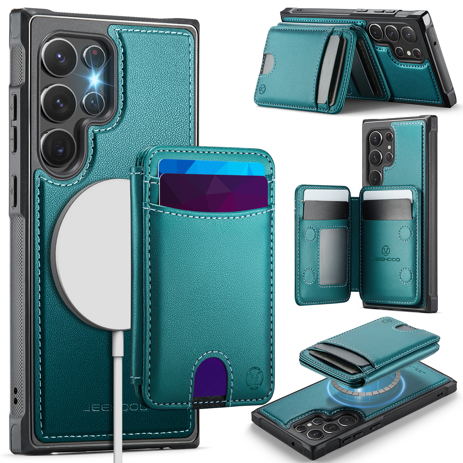 JEEHOOD For Samsung Galaxy S22 Ultra 5G Magnetic Case  J10 Leather Back Phone Cover with Detachable Card Holder Kickstand - Blue
