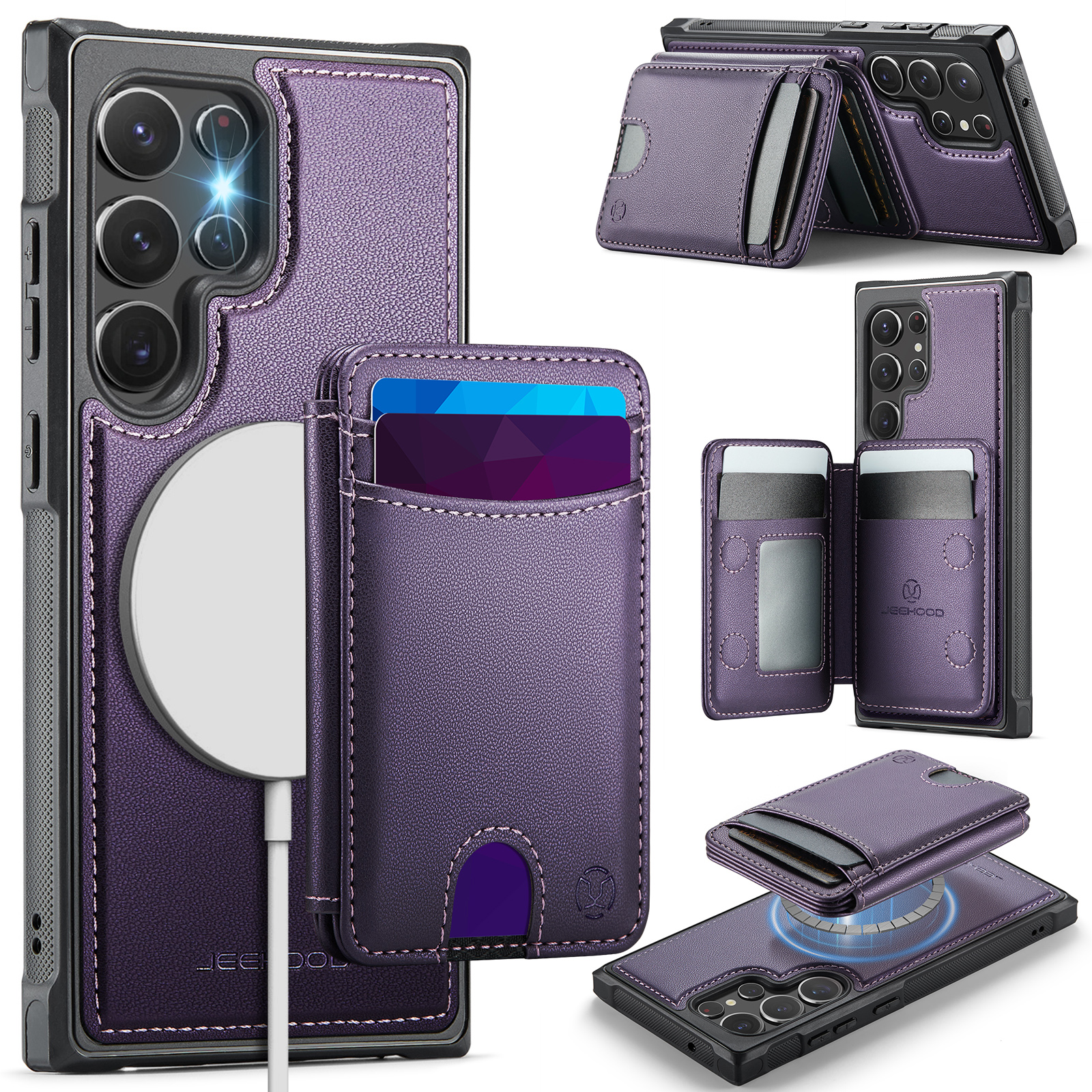 JEEHOOD For Samsung Galaxy S22 Ultra 5G Magnetic Case J10 Leather Back Phone Cover with Detachable Card Holder Kickstand - Purple