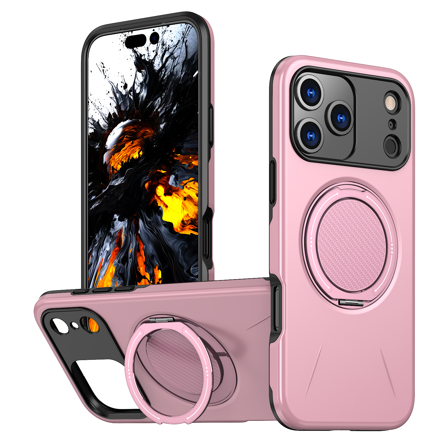 For iPhone 17 Pro Case Compatible with MagSafe TPU + PC Back Cover with Rotating Kickstand - Pink