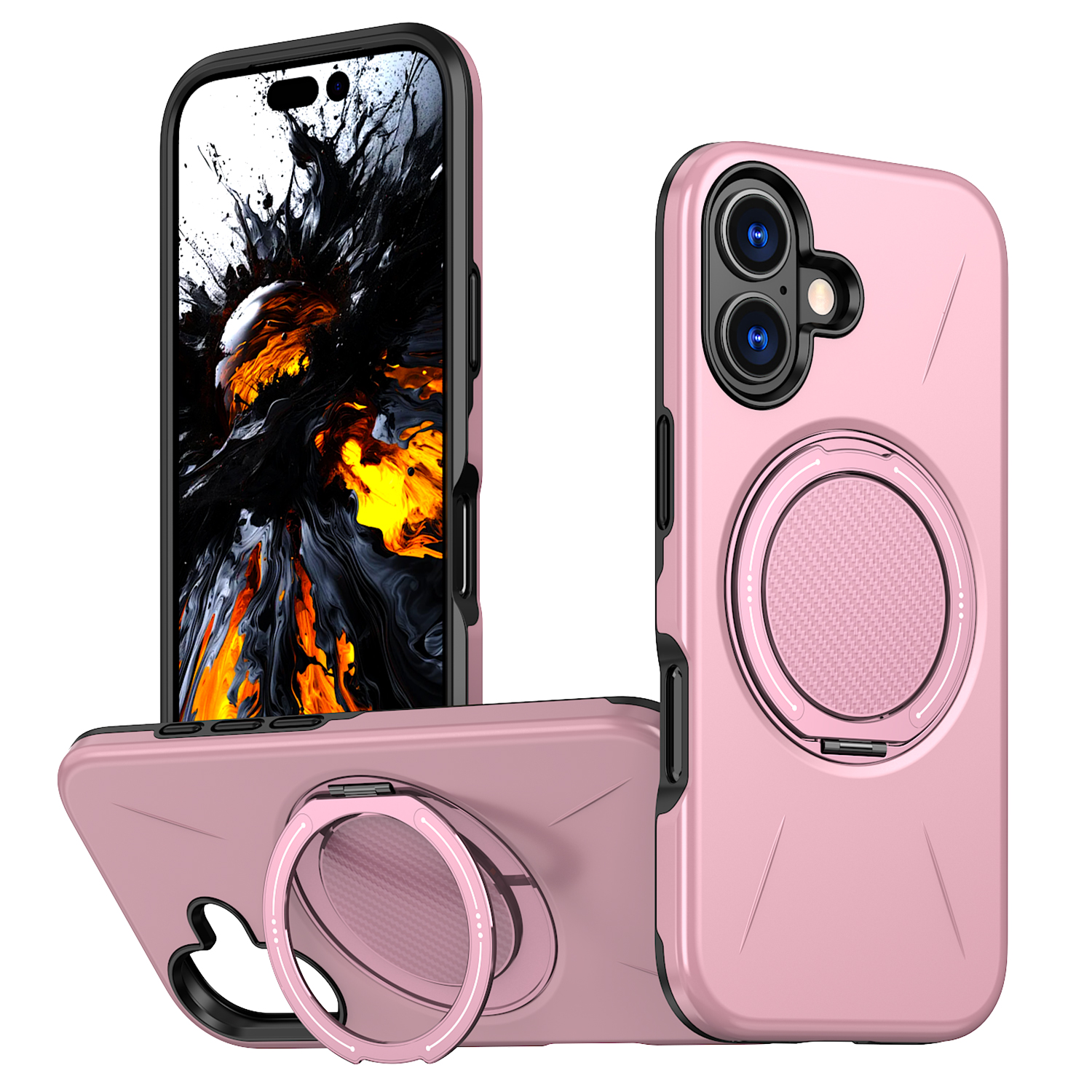 For iPhone 17 Case Compatible with MagSafe TPU + PC Back Cover with Rotating Kickstand - Pink