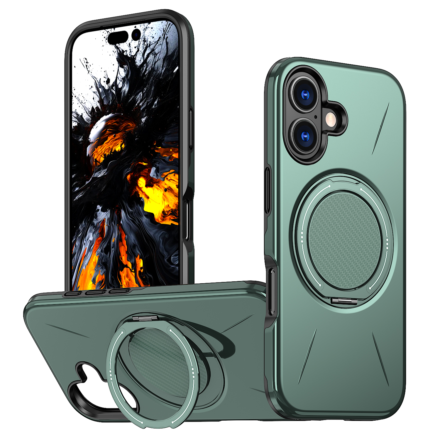 For iPhone 17 Case Compatible with MagSafe TPU + PC Back Cover with Rotating Kickstand - Green