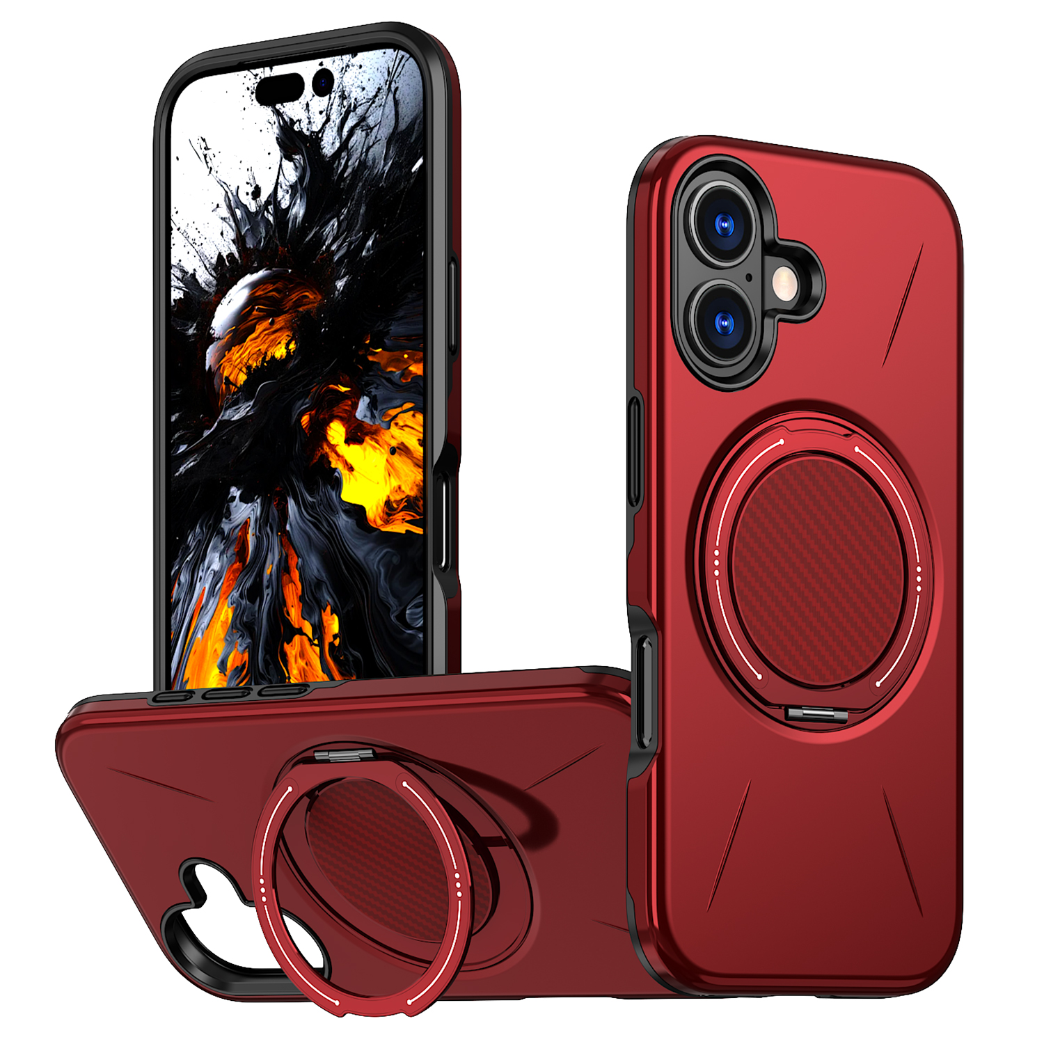For iPhone 16 Case Compatible with MagSafe TPU + PC Back Cover with Rotating Kickstand - Red