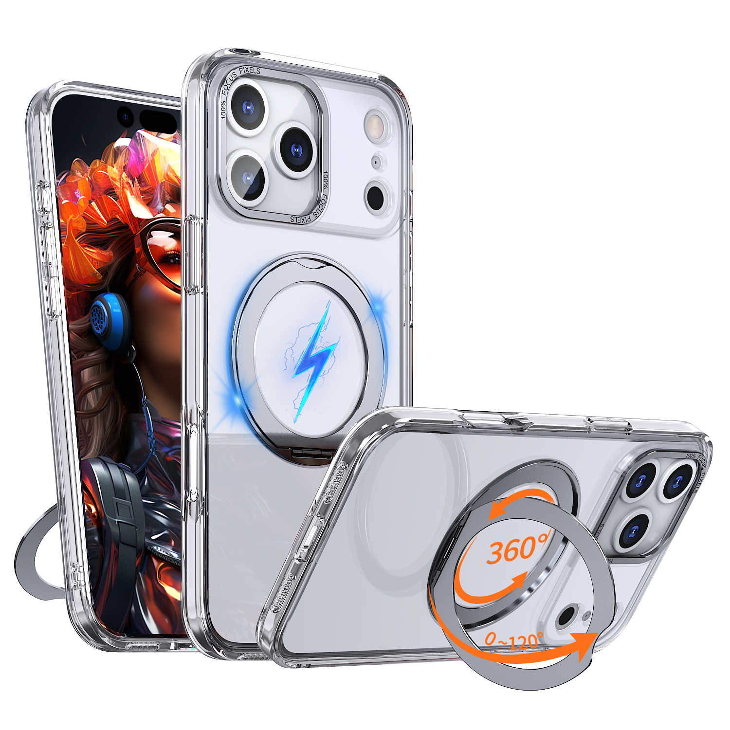 For iPhone 17 Pro Case Compatible with MagSafe Skin-touch TPU + PC Phone Cover with Rotating Kickstand - Transparent