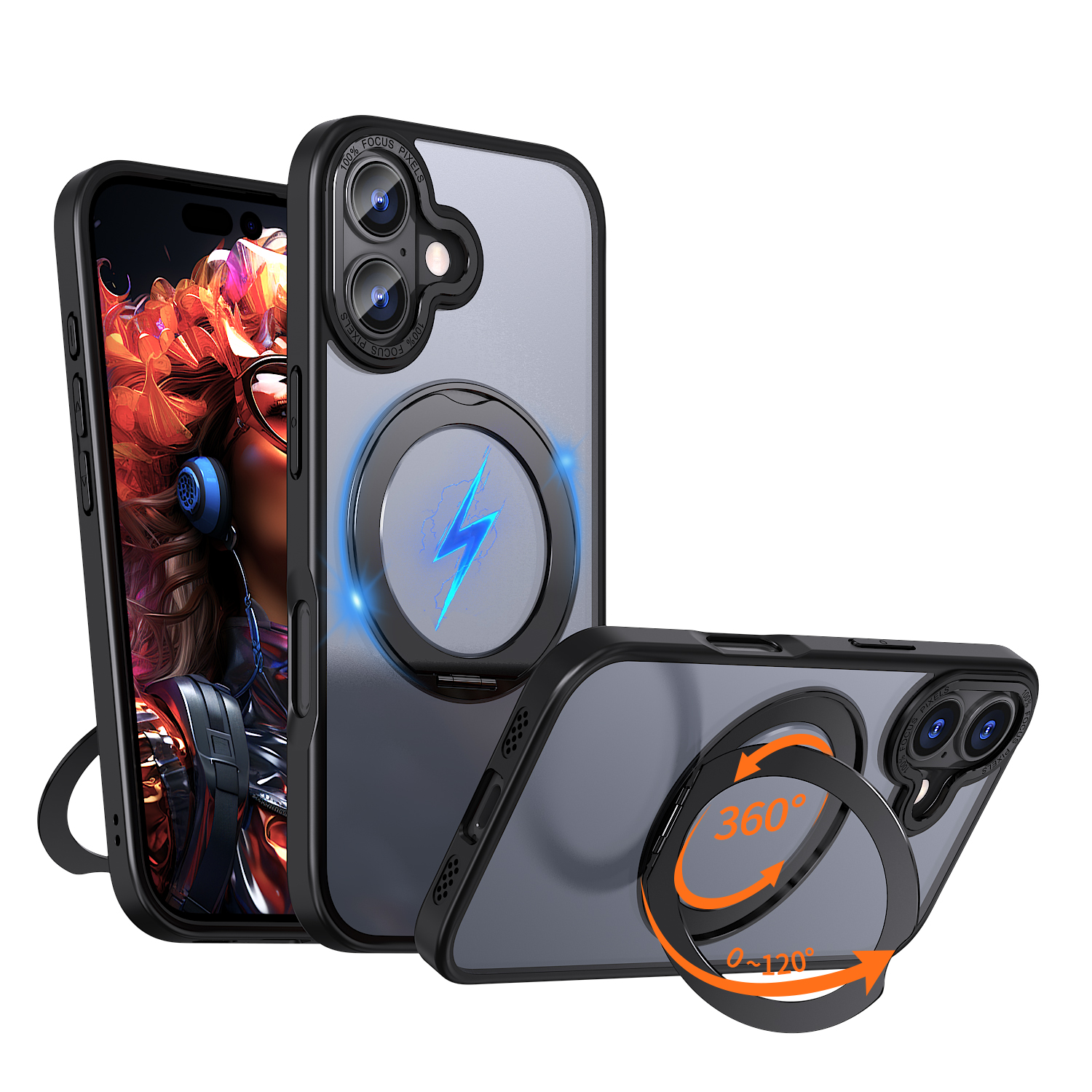 For iPhone 17 Case Compatible with MagSafe Skin-touch TPU + PC Phone Cover with Rotating Kickstand - Black