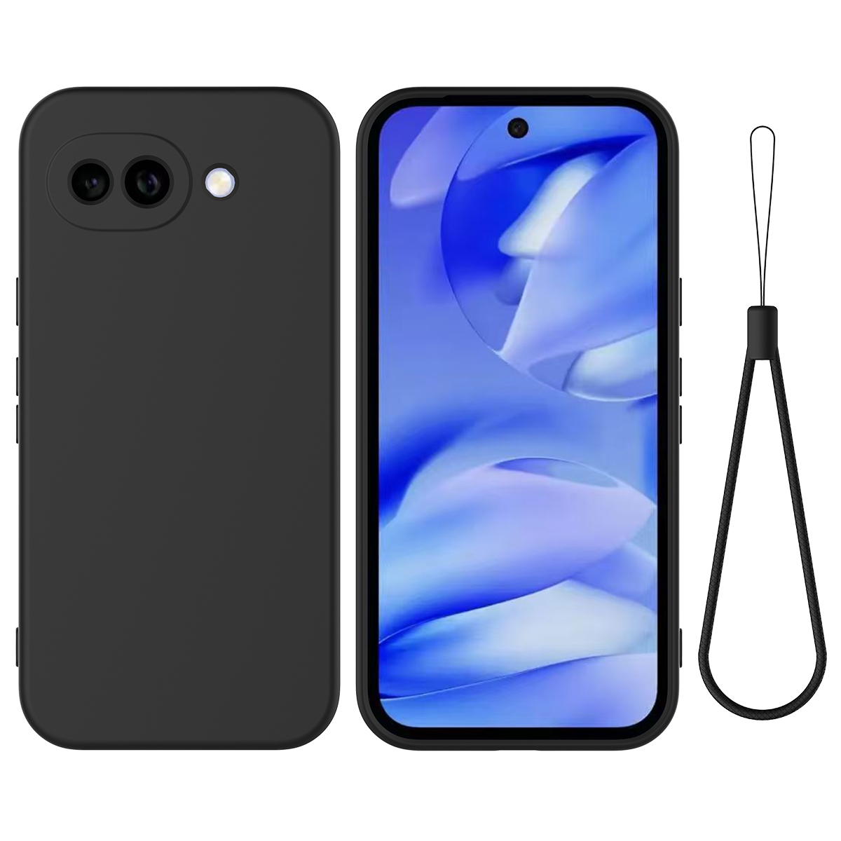 For Google Pixel 10a Liquid Silicone Case Phone Back Cover with Hand Strap - Black