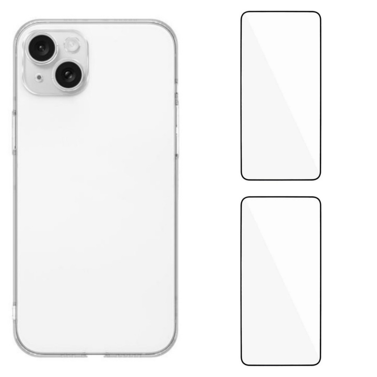 For iPhone 15 Phone Cover with 2 Screen Films WANLONFENG YJ1 Series Clear TPU Case Precise Lens Hole 1.5mm Rounded Edge - Transparent