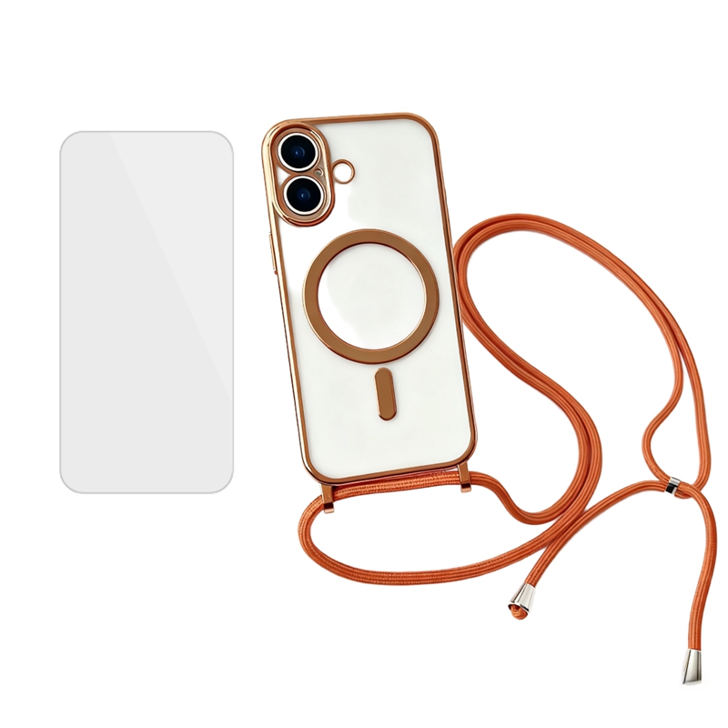 For iPhone 17 Case Compatible with MagSafe Electroplating Edge TPU Phone Cover with Screen Film / Shoulder Strap - Orange