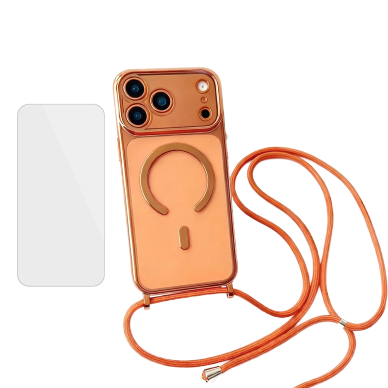 For iPhone 17 Pro Case Compatible with MagSafe Electroplating Edge TPU Phone Cover with Screen Film / Shoulder Strap - Orange