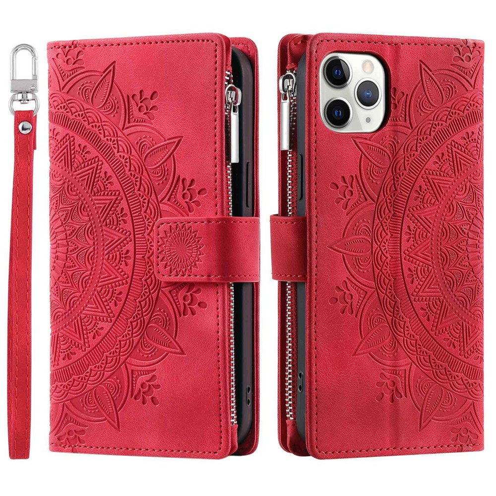 Shockproof Cell Phone Cover For iPhone 11 Pro Max 6.5 inch, Mandala Flower Imprinted Zipper Pocket Wallet Stand Multiple Card Slots PU Leather Phone Case with Strap - Rose
