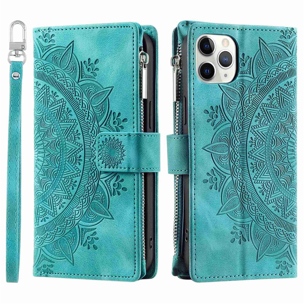 Shockproof Cell Phone Cover For iPhone 11 Pro Max 6.5 inch, Mandala Flower Imprinted Zipper Pocket Wallet Stand Multiple Card Slots PU Leather Phone Case with Strap - Green