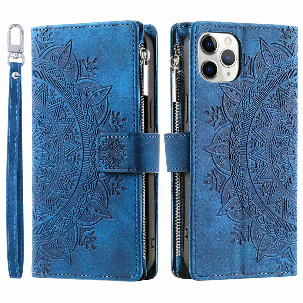 Shockproof Cell Phone Cover For iPhone 11 Pro Max 6.5 inch, Mandala Flower Imprinted Zipper Pocket Wallet Stand Multiple Card Slots PU Leather Phone Case with Strap - Blue