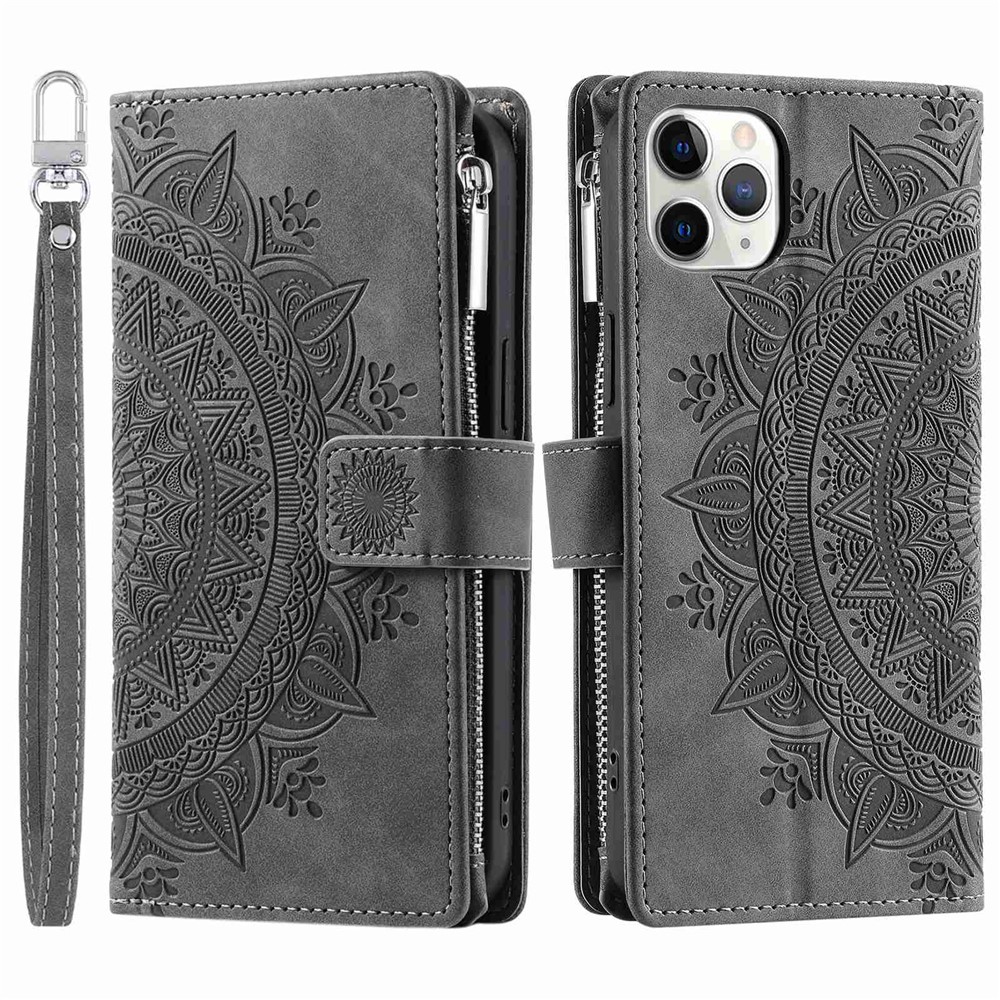 Shockproof Cell Phone Cover For iPhone 11 Pro Max 6.5 inch, Mandala Flower Imprinted Zipper Pocket Wallet Stand Multiple Card Slots PU Leather Phone Case with Strap - Grey