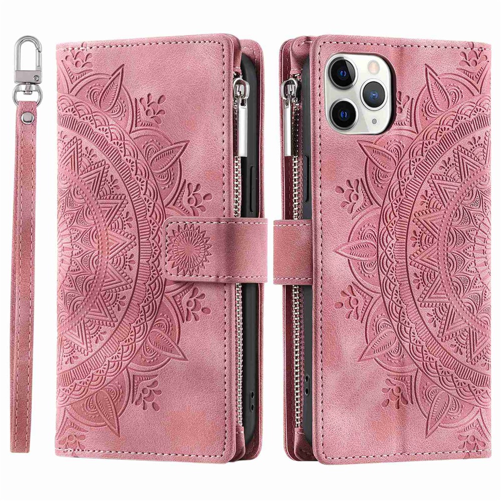Shockproof Cell Phone Cover For iPhone 11 Pro Max 6.5 inch, Mandala Flower Imprinted Zipper Pocket Wallet Stand Multiple Card Slots PU Leather Phone Case with Strap - Rose Gold