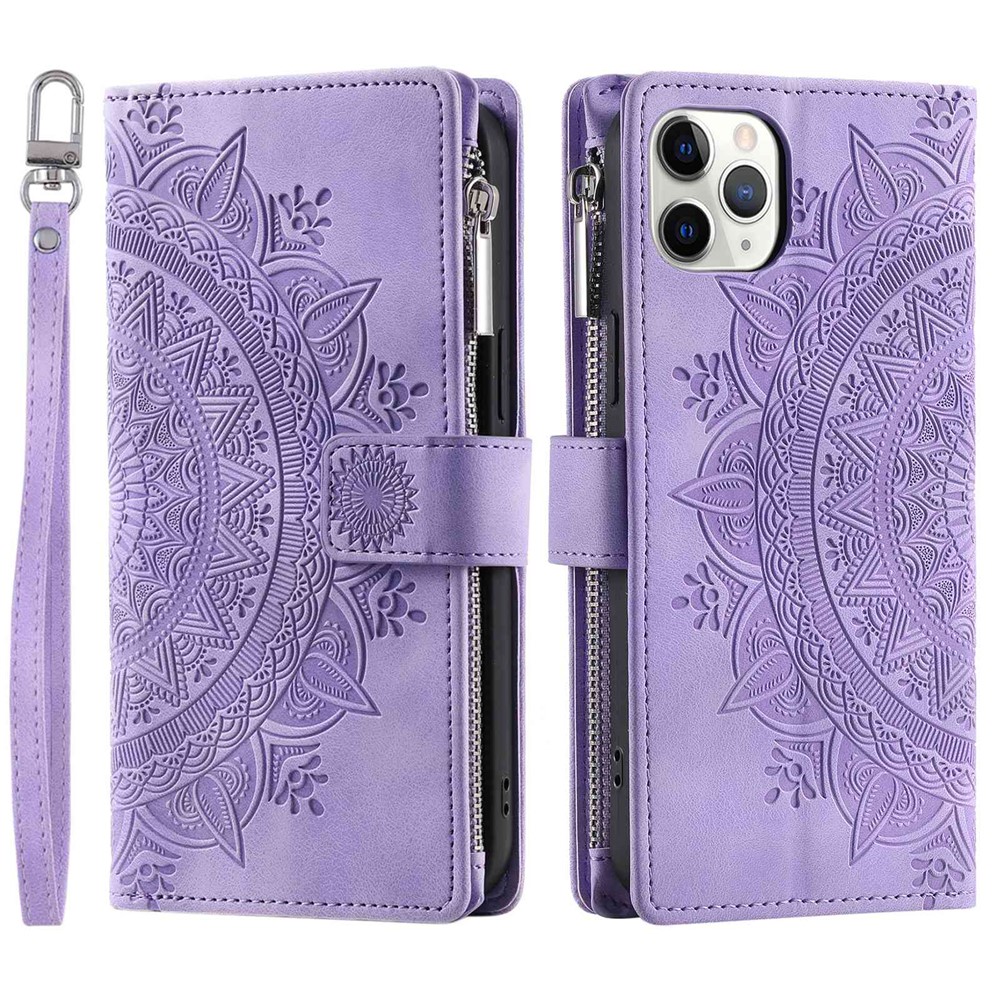 Shockproof Cell Phone Cover For iPhone 11 Pro Max 6.5 inch, Mandala Flower Imprinted Zipper Pocket Wallet Stand Multiple Card Slots PU Leather Phone Case with Strap - Purple