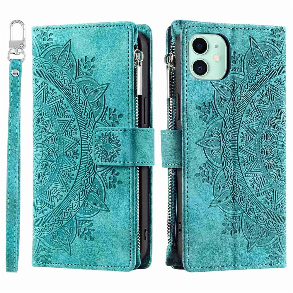 For iPhone 11 6.1 inch Mandala Flower Imprinted PU Leather Phone Cover Foldable Stand with Multiple Card Slots Zipper Pocket Wallet Case - Green