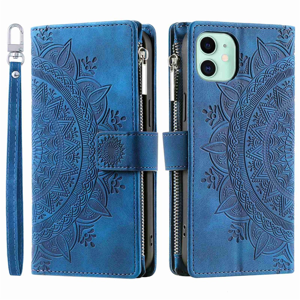 For iPhone 11 6.1 inch Mandala Flower Imprinted PU Leather Phone Cover Foldable Stand with Multiple Card Slots Zipper Pocket Wallet Case - Blue