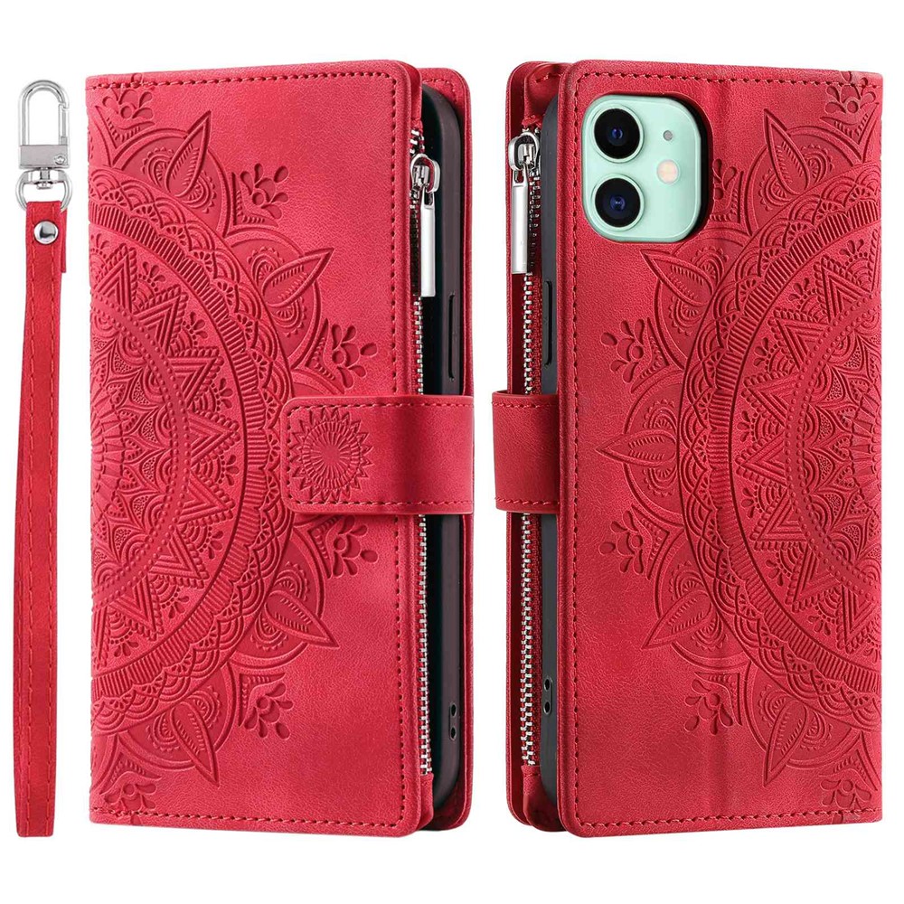 For iPhone 11 6.1 inch Mandala Flower Imprinted PU Leather Phone Cover Foldable Stand with Multiple Card Slots Zipper Pocket Wallet Case - Rose
