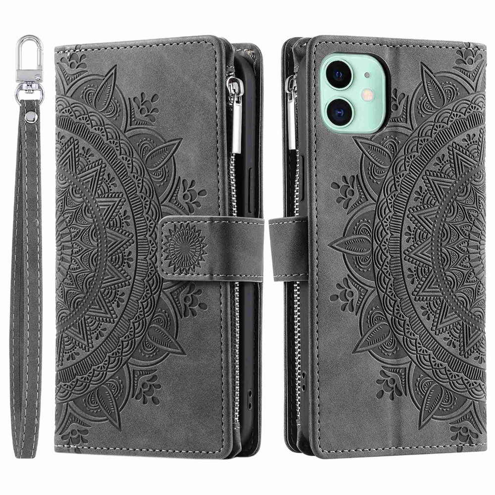For iPhone 11 6.1 inch Mandala Flower Imprinted PU Leather Phone Cover Foldable Stand with Multiple Card Slots Zipper Pocket Wallet Case - Grey