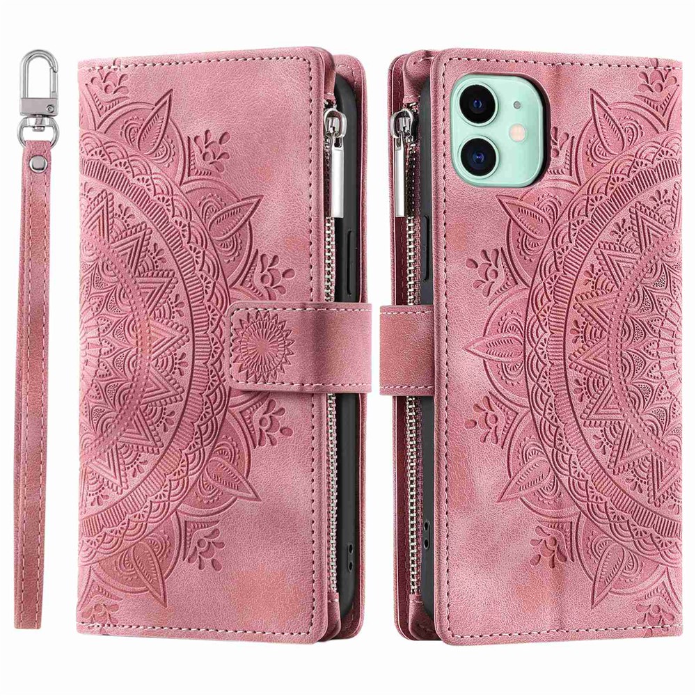 For iPhone 11 6.1 inch Mandala Flower Imprinted PU Leather Phone Cover Foldable Stand with Multiple Card Slots Zipper Pocket Wallet Case - Rose Gold
