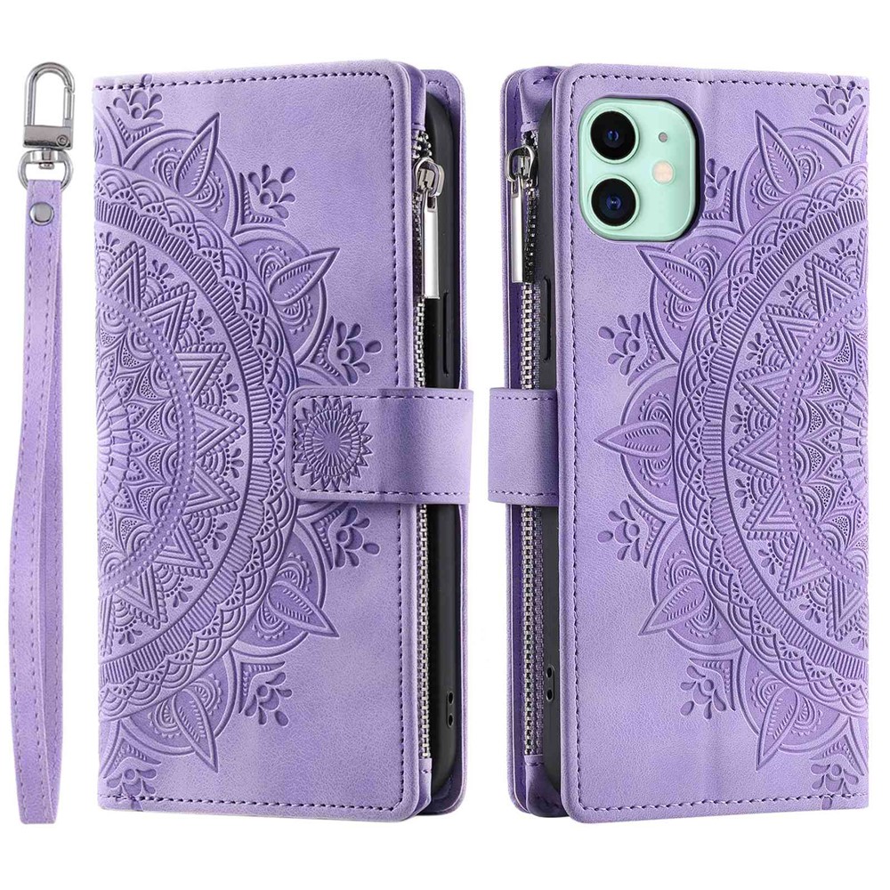 For iPhone 11 6.1 inch Mandala Flower Imprinted PU Leather Phone Cover Foldable Stand with Multiple Card Slots Zipper Pocket Wallet Case - Purple