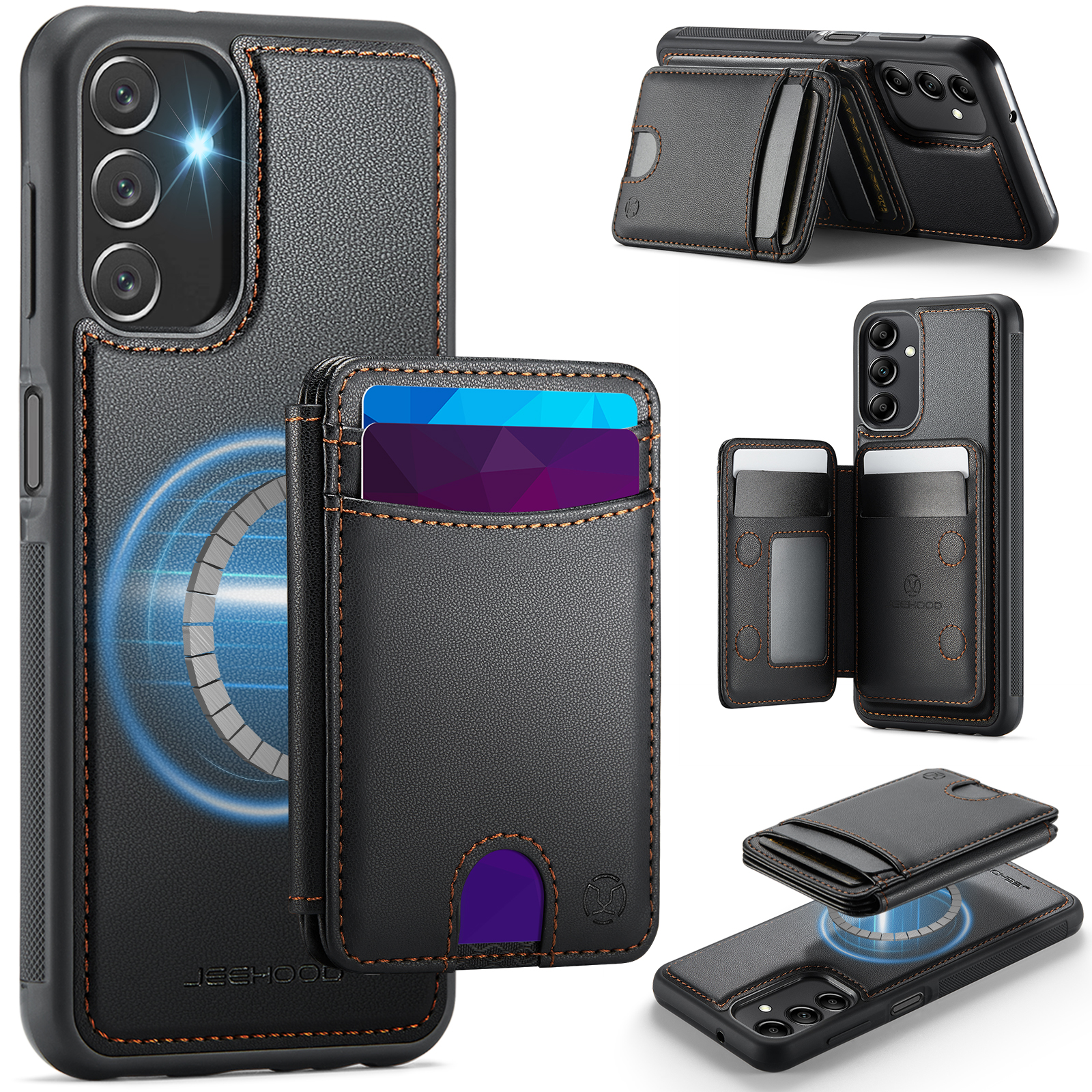 JEEHOOD For Samsung Galaxy A14 4G / Galaxy M44 5G / Galaxy A14 5G Magnetic Case  J10 Leather Back Phone Cover with Detachable Card Holder Kickstand - Black