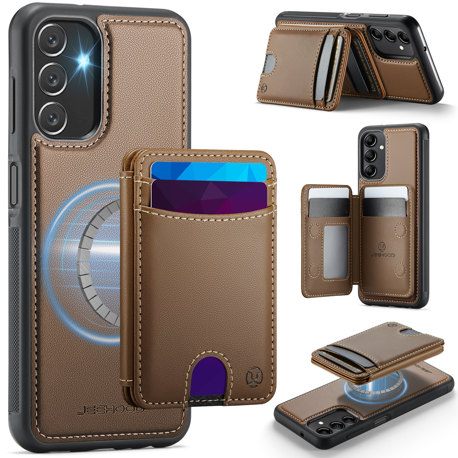 JEEHOOD For Samsung Galaxy A14 4G / Galaxy M44 5G / Galaxy A14 5G Magnetic Case J10 Leather Back Phone Cover with Detachable Card Holder Kickstand - Brown
