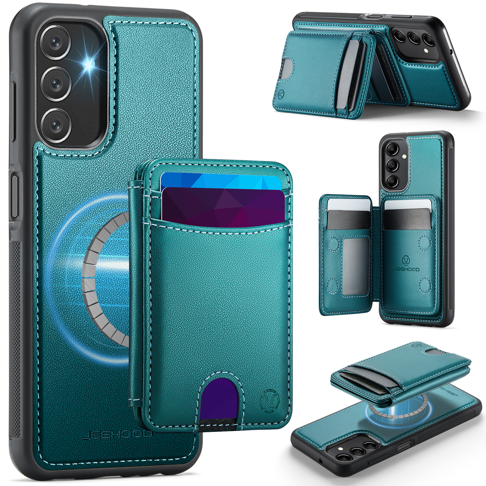 JEEHOOD For Samsung Galaxy A14 4G / Galaxy M44 5G / Galaxy A14 5G Magnetic Case J10 Leather Back Phone Cover with Detachable Card Holder Kickstand - Blue