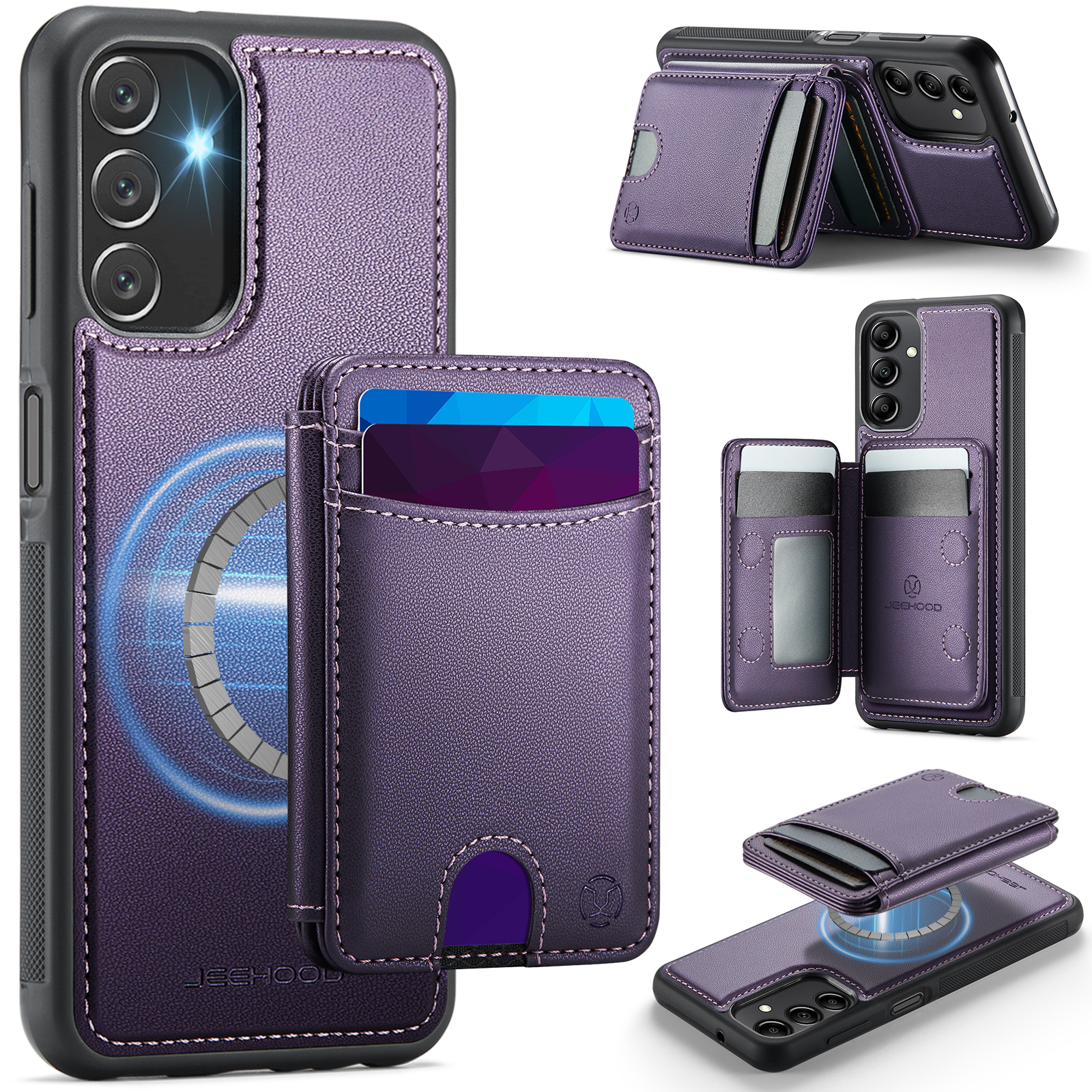 JEEHOOD For Samsung Galaxy A14 4G / Galaxy M44 5G / Galaxy A14 5G Magnetic Case  J10 Leather Back Phone Cover with Detachable Card Holder Kickstand - Purple
