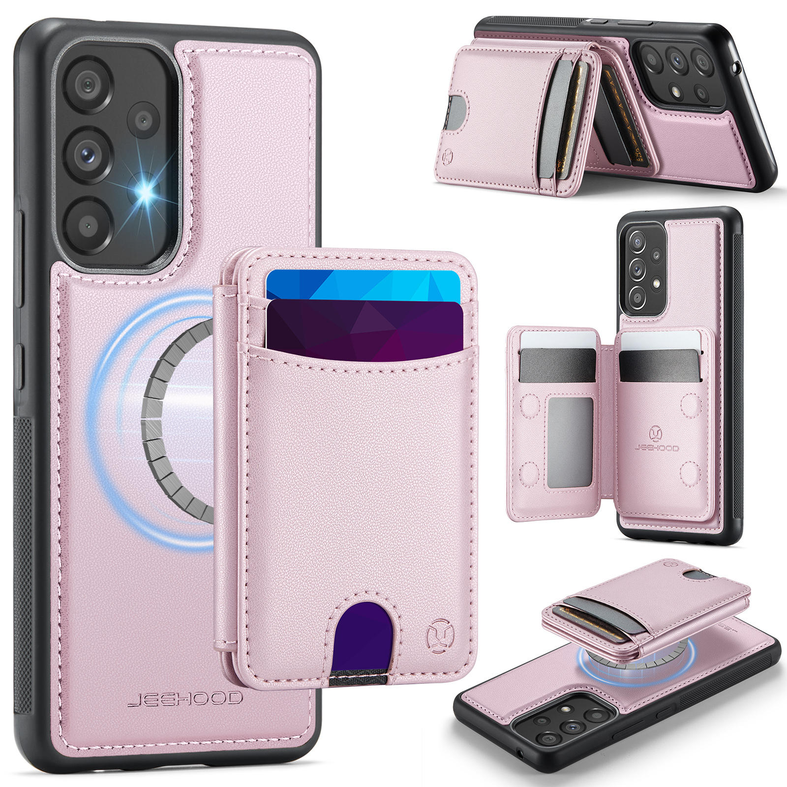 JEEHOOD For Samsung Galaxy A53 5G Magnetic Case J10 Leather Back Phone Cover with Detachable Card Holder Kickstand - Pink