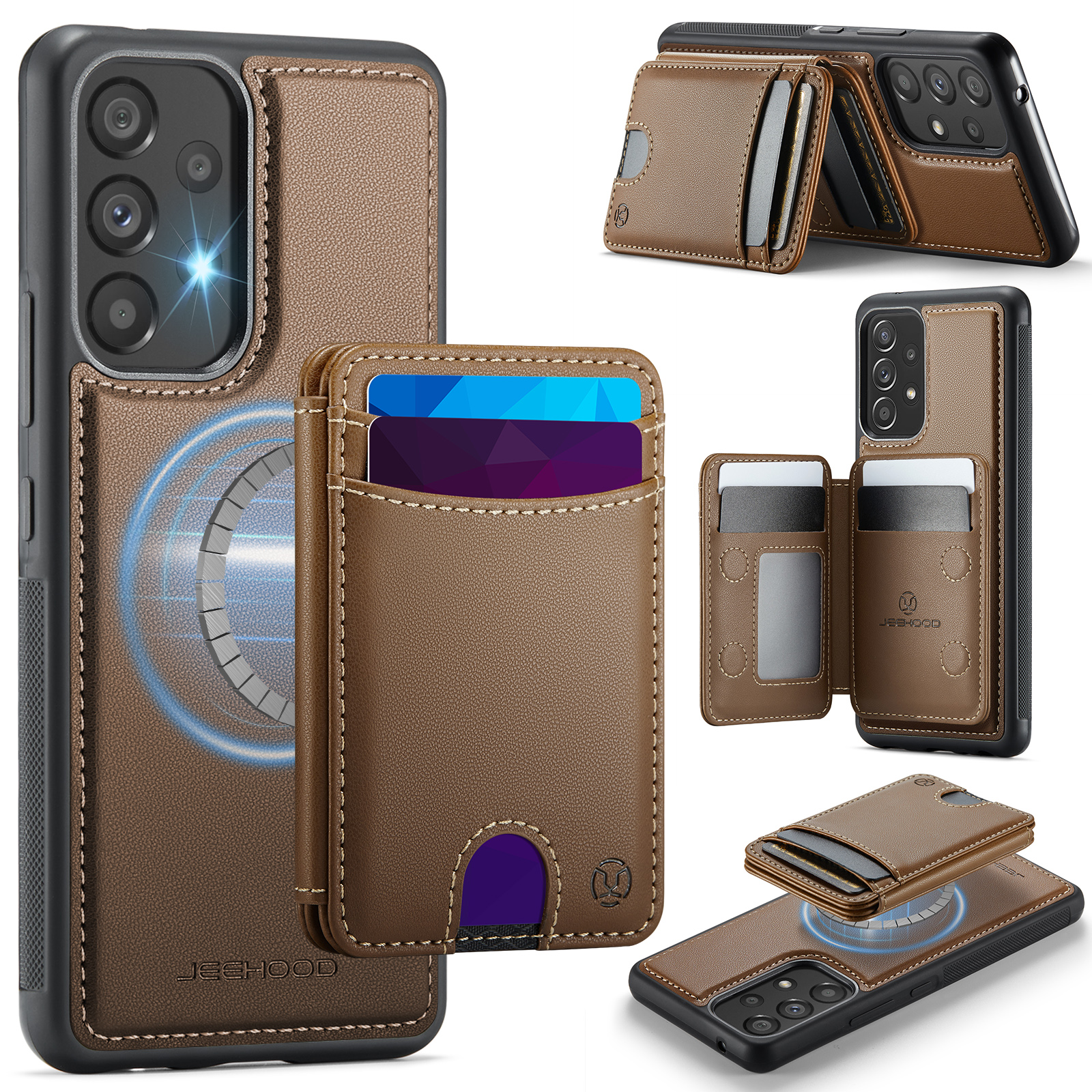 JEEHOOD For Samsung Galaxy A53 5G Magnetic Case J10 Leather Back Phone Cover with Detachable Card Holder Kickstand - Brown