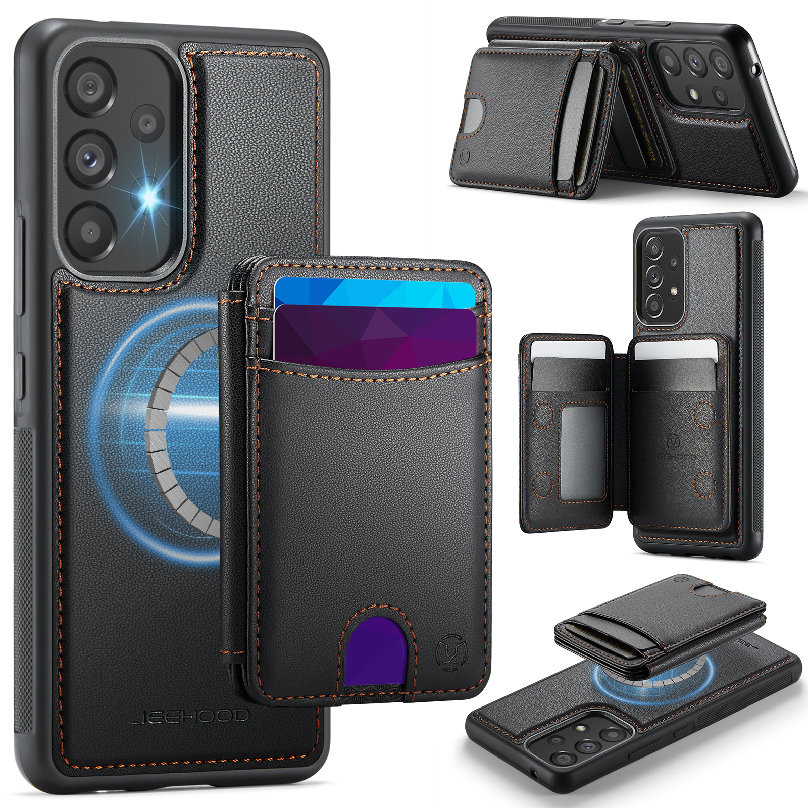 JEEHOOD For Samsung Galaxy A53 5G Magnetic Case  J10 Leather Back Phone Cover with Detachable Card Holder Kickstand - Black