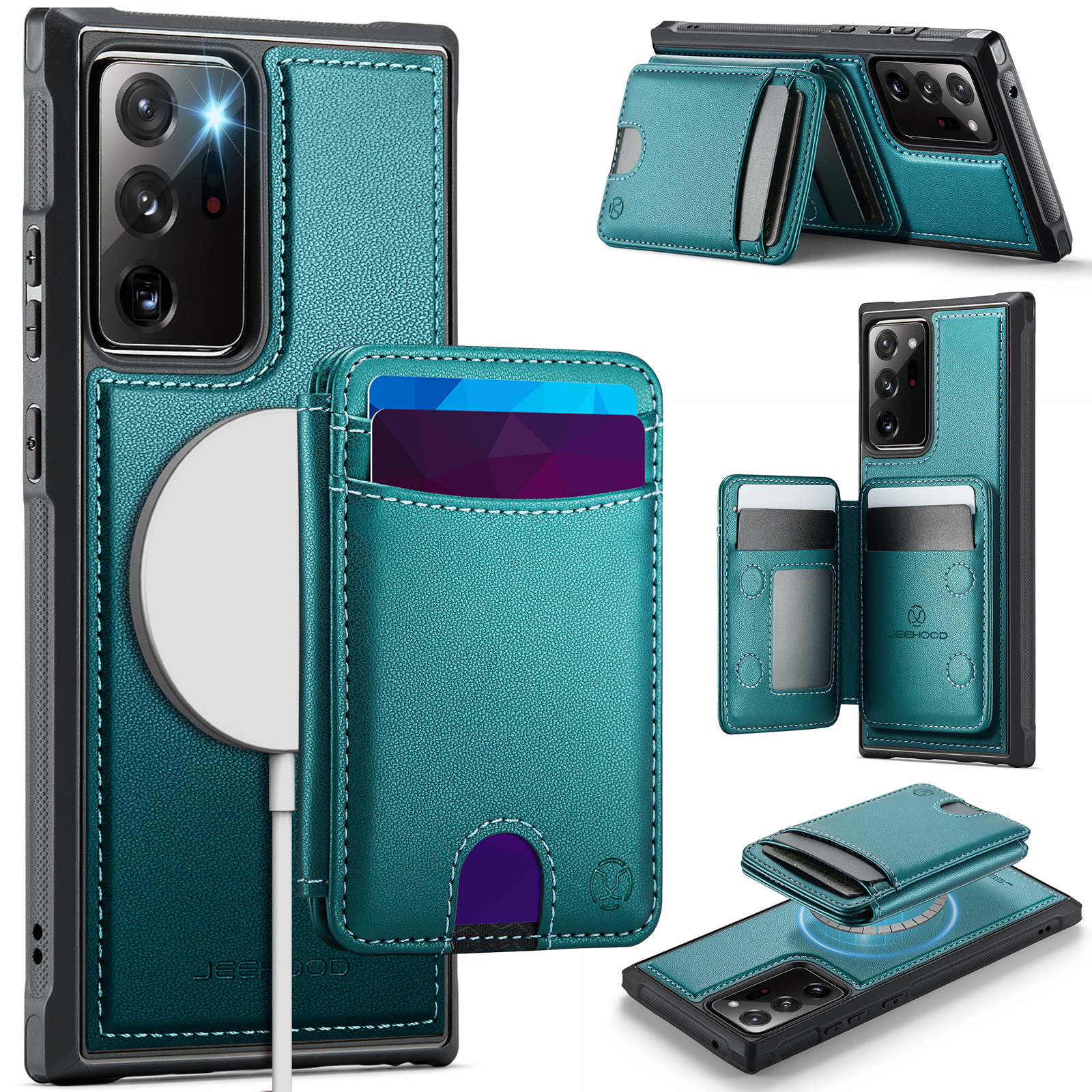 JEEHOOD For Samsung Galaxy Note20 Ultra Magnetic Case J10 Leather Back Phone Cover with Detachable Card Holder Kickstand - Blue