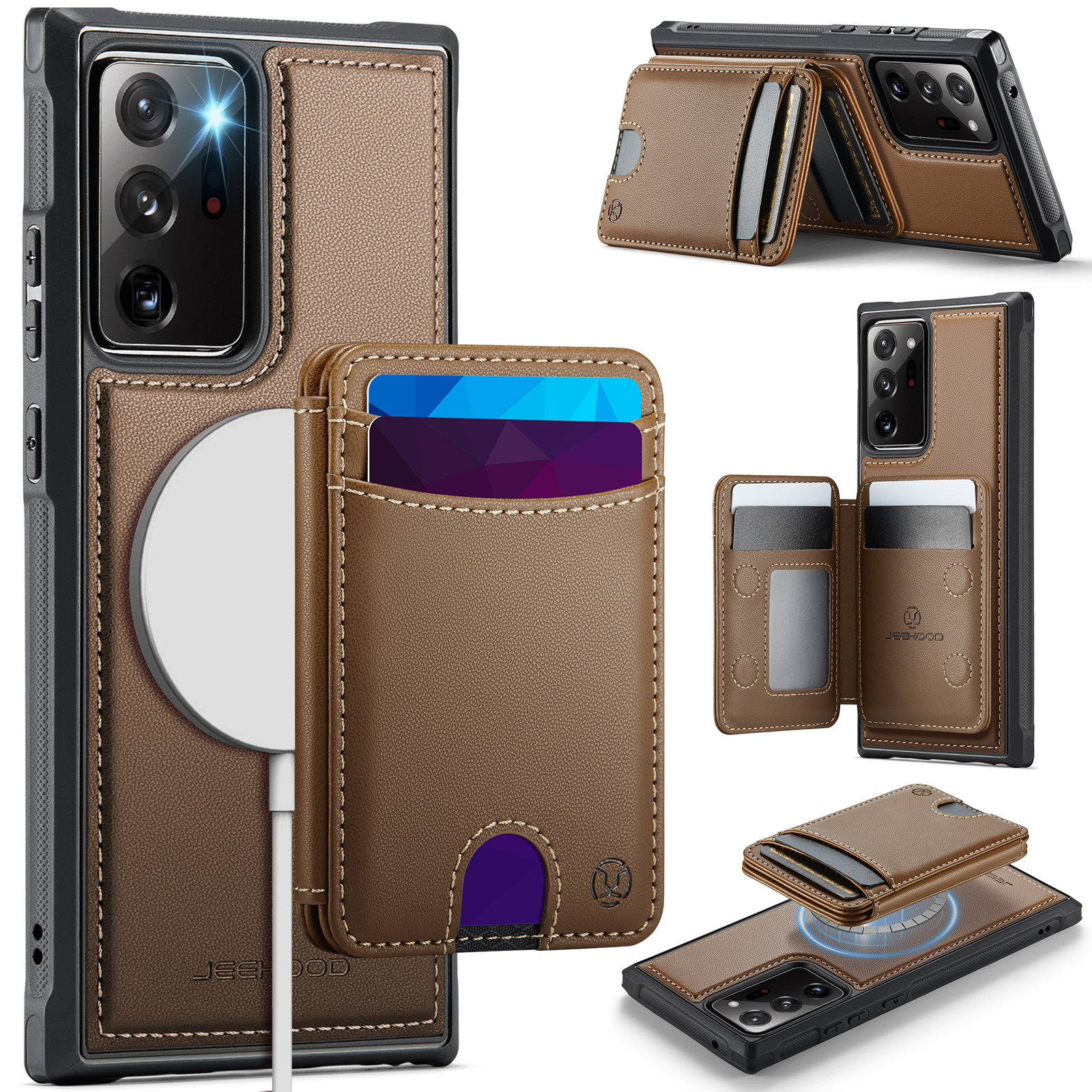 JEEHOOD For Samsung Galaxy Note20 Ultra Magnetic Case  J10 Leather Back Phone Cover with Detachable Card Holder Kickstand - Brown