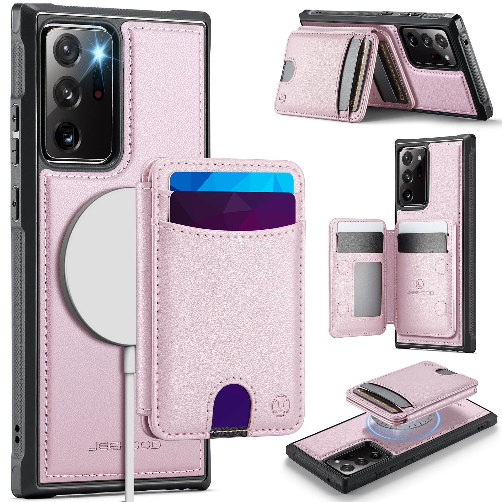 JEEHOOD For Samsung Galaxy Note20 Ultra Magnetic Case J10 Leather Back Phone Cover with Detachable Card Holder Kickstand - Pink