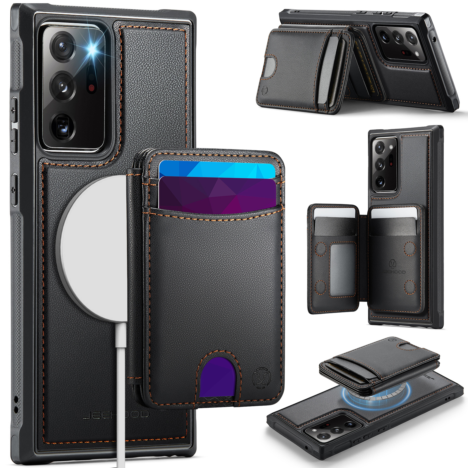 JEEHOOD For Samsung Galaxy Note20 Ultra Magnetic Case J10 Leather Back Phone Cover with Detachable Card Holder Kickstand - Black