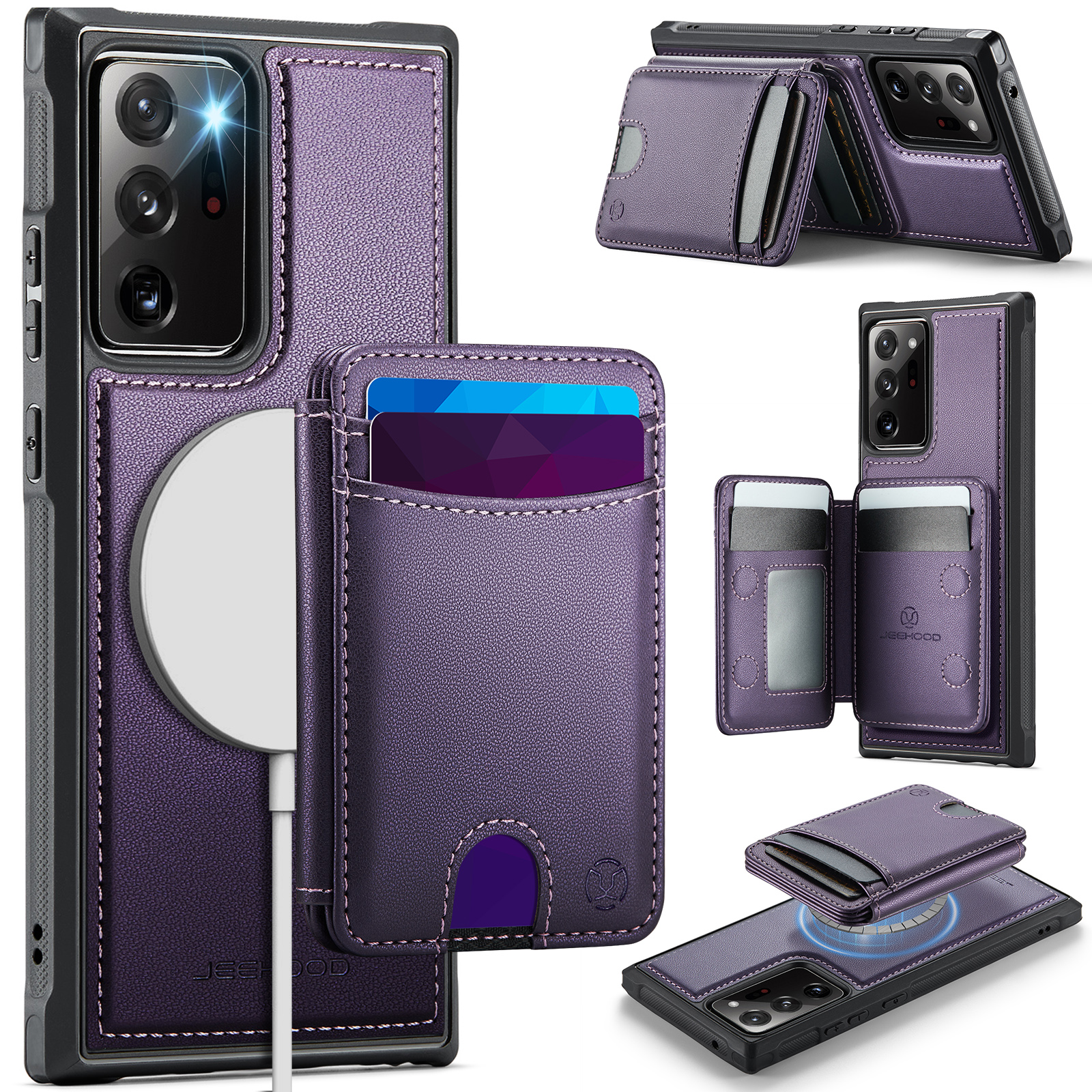 JEEHOOD For Samsung Galaxy Note20 Ultra Magnetic Case J10 Leather Back Phone Cover with Detachable Card Holder Kickstand - Purple