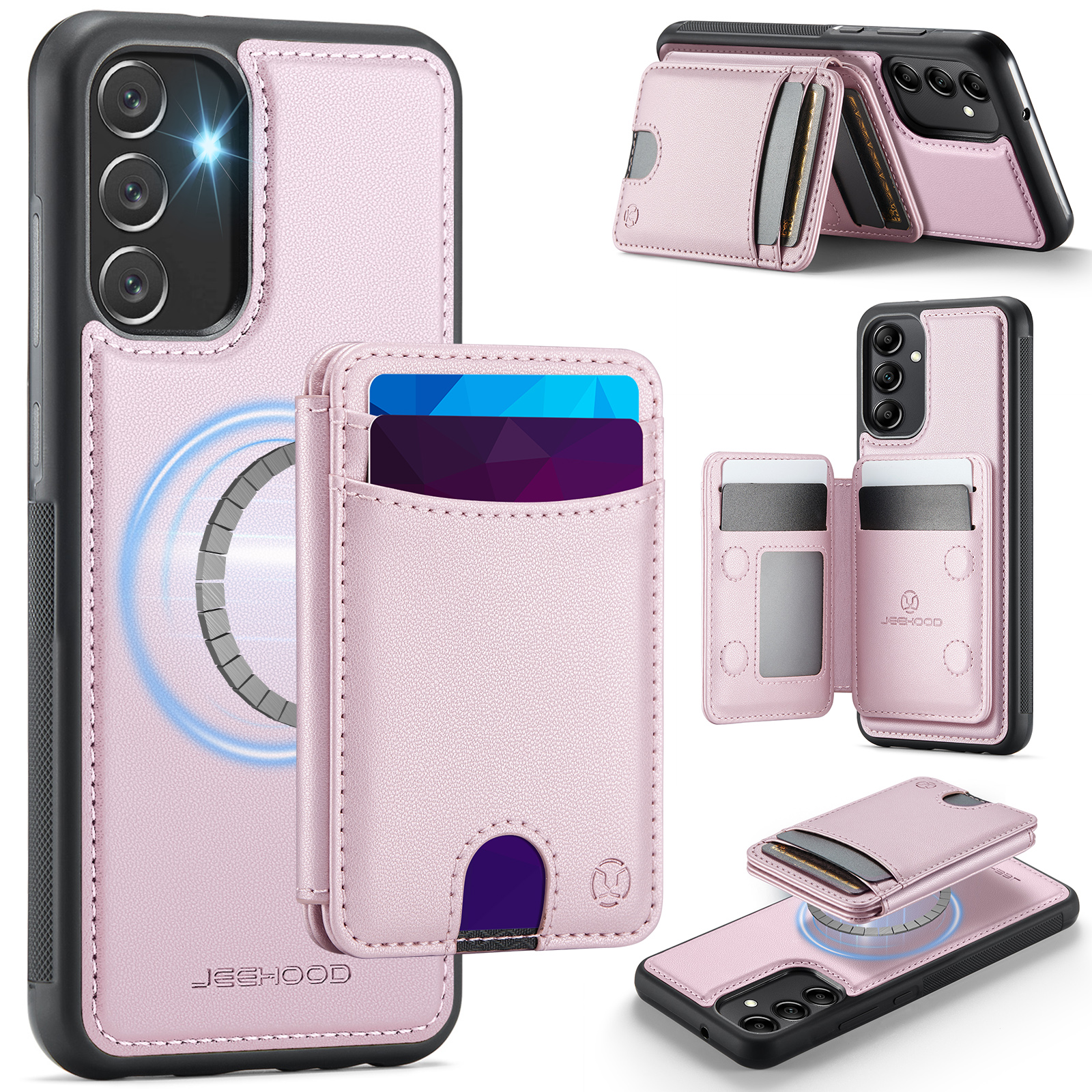 JEEHOOD For Samsung Galaxy A34 5G Magnetic Case J10 Leather Back Phone Cover with Detachable Card Holder Kickstand - Pink