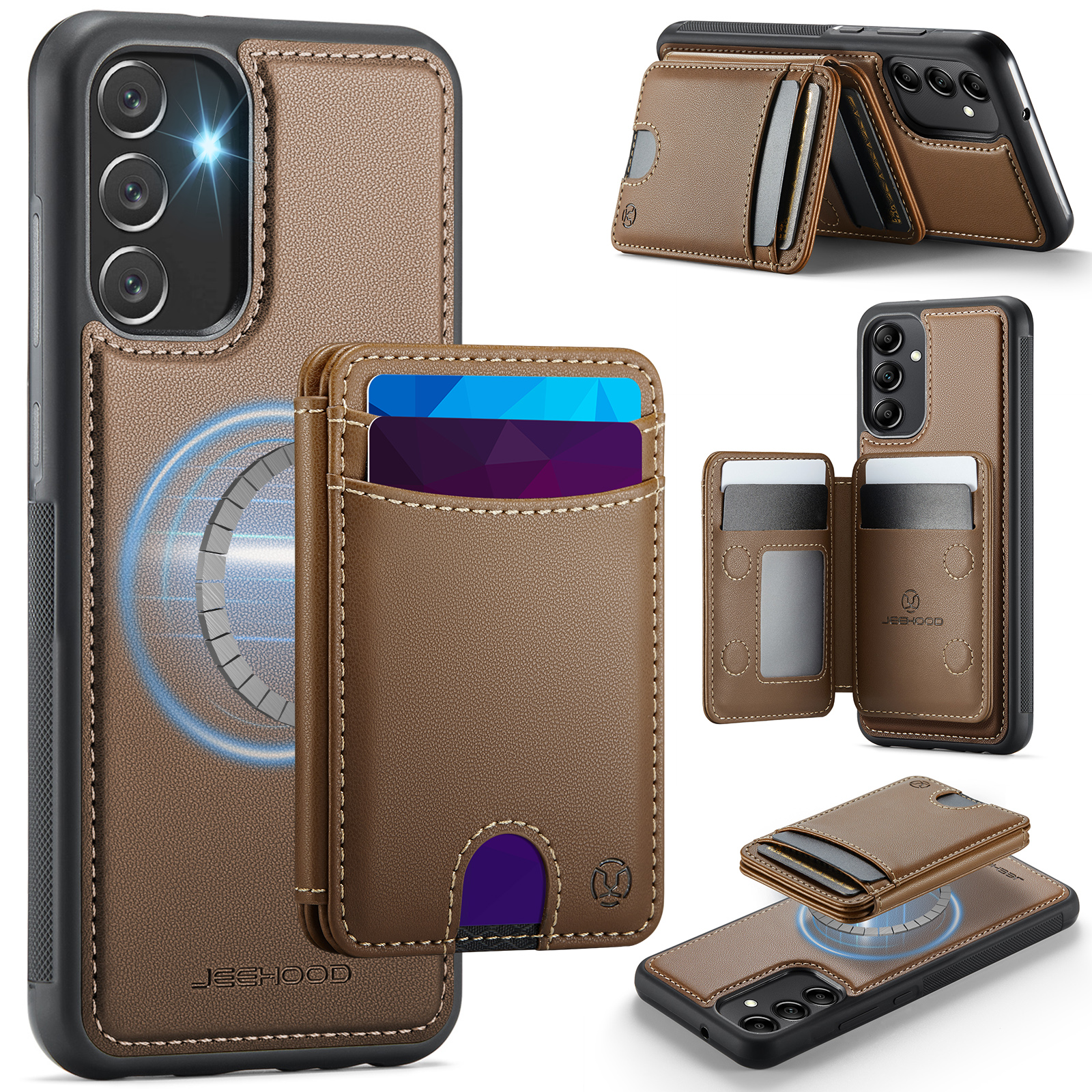 JEEHOOD For Samsung Galaxy A34 5G Magnetic Case J10 Leather Back Phone Cover with Detachable Card Holder Kickstand - Brown