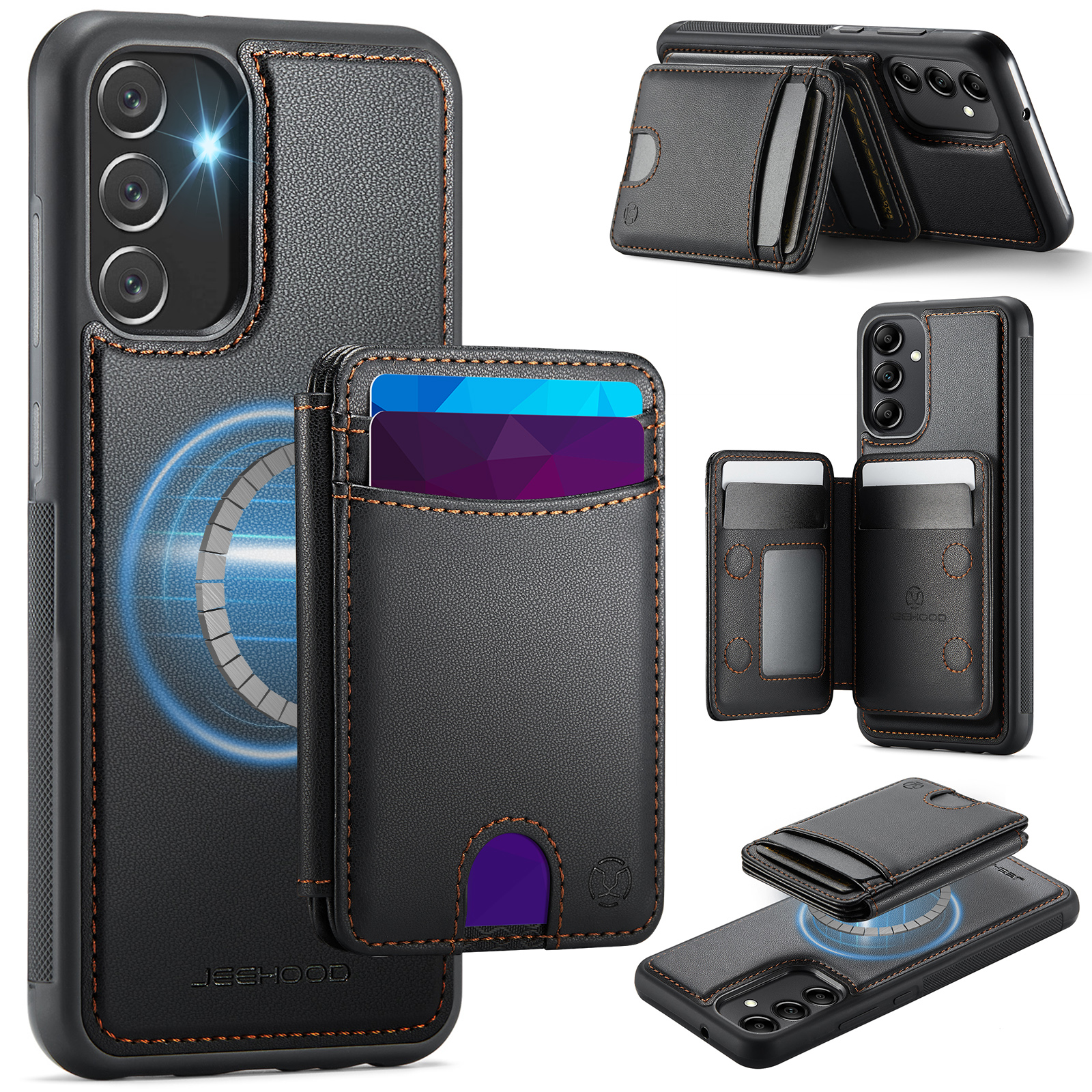 JEEHOOD For Samsung Galaxy A34 5G Magnetic Case  J10 Leather Back Phone Cover with Detachable Card Holder Kickstand - Black